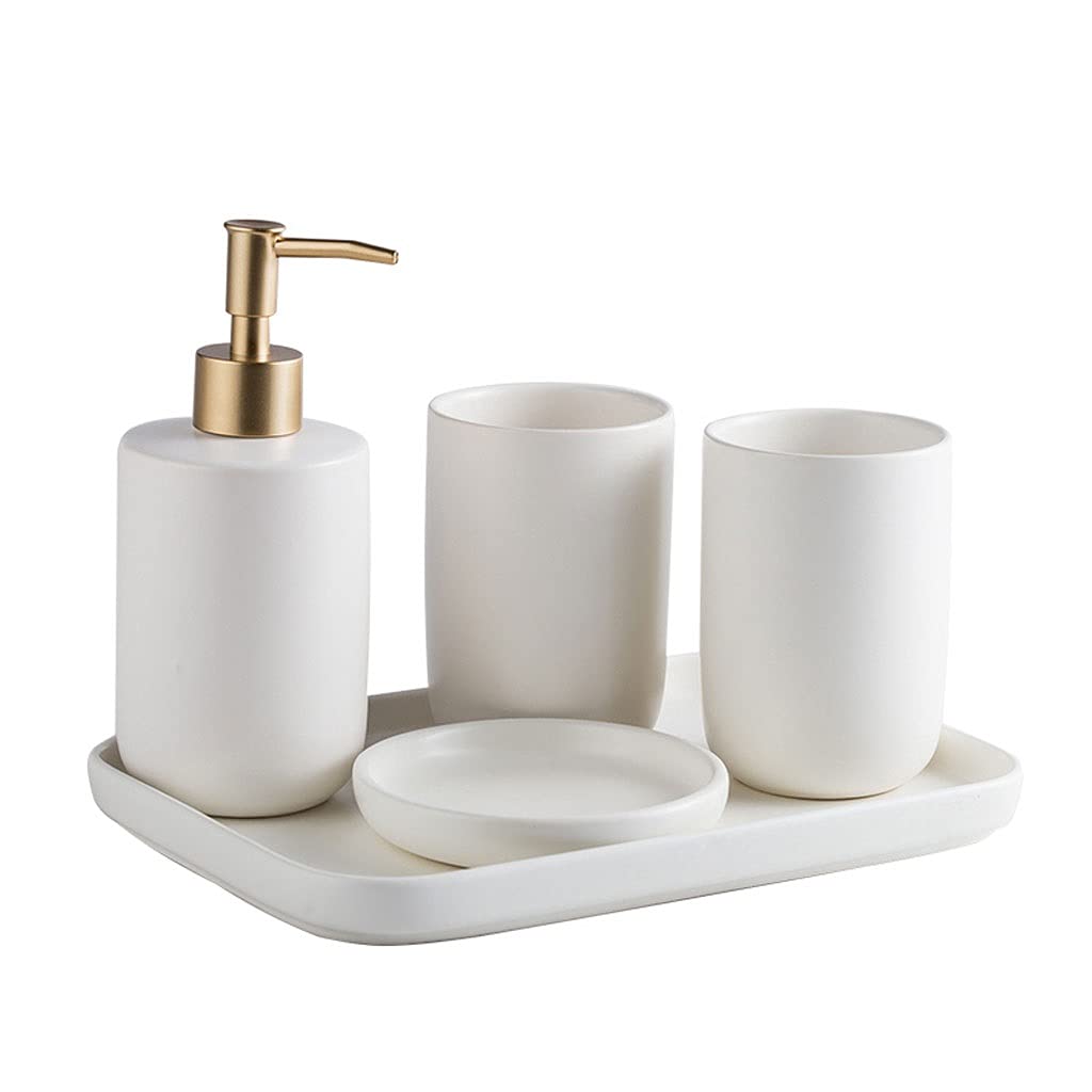 TOMYEUS 5-Piece Matte Ceramic Soap Dispenser Set - Bathroom Accessories with Soap Dish, Mouthwash Cups & Tray - Empty Press Pump Bottles for Home Decor (White) | Perfect for Guest Bathrooms, Spa Decor & Housewarming Gifts