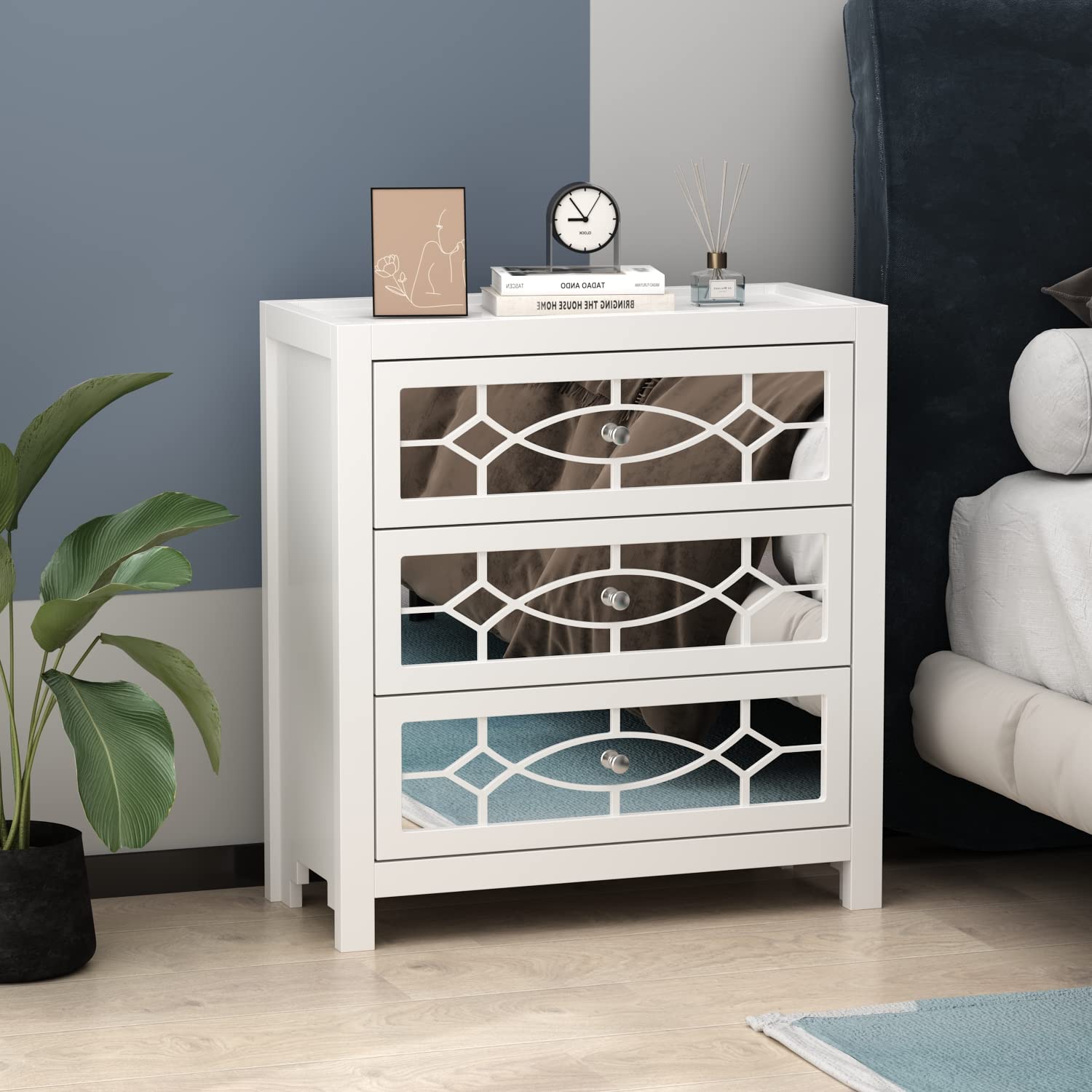ECACAD 3-Drawer White Wooden Dresser with Mirror - Storage Chest for Bedroom, Living Room & Hallway - Decorative Drawers, Compact Size (26”L x 11.8”W x 28”H) - Perfect for Small Spaces, Apartment Decor & Closet Organization
