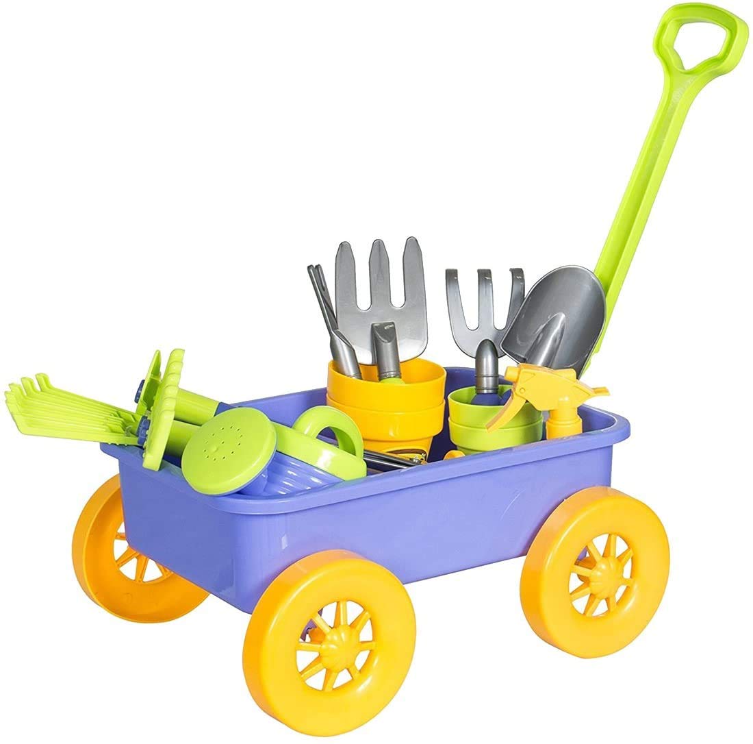 deAO Kids Garden Wagon Wheelbarrow with 10-Piece Gardening Tools & 4 Plant Pots - Outdoor Toddler Toy Set for Pretend Play & Early STEM Learning | Perfect for Backyard Fun, Sandbox Activities & Preschool Gardening Education