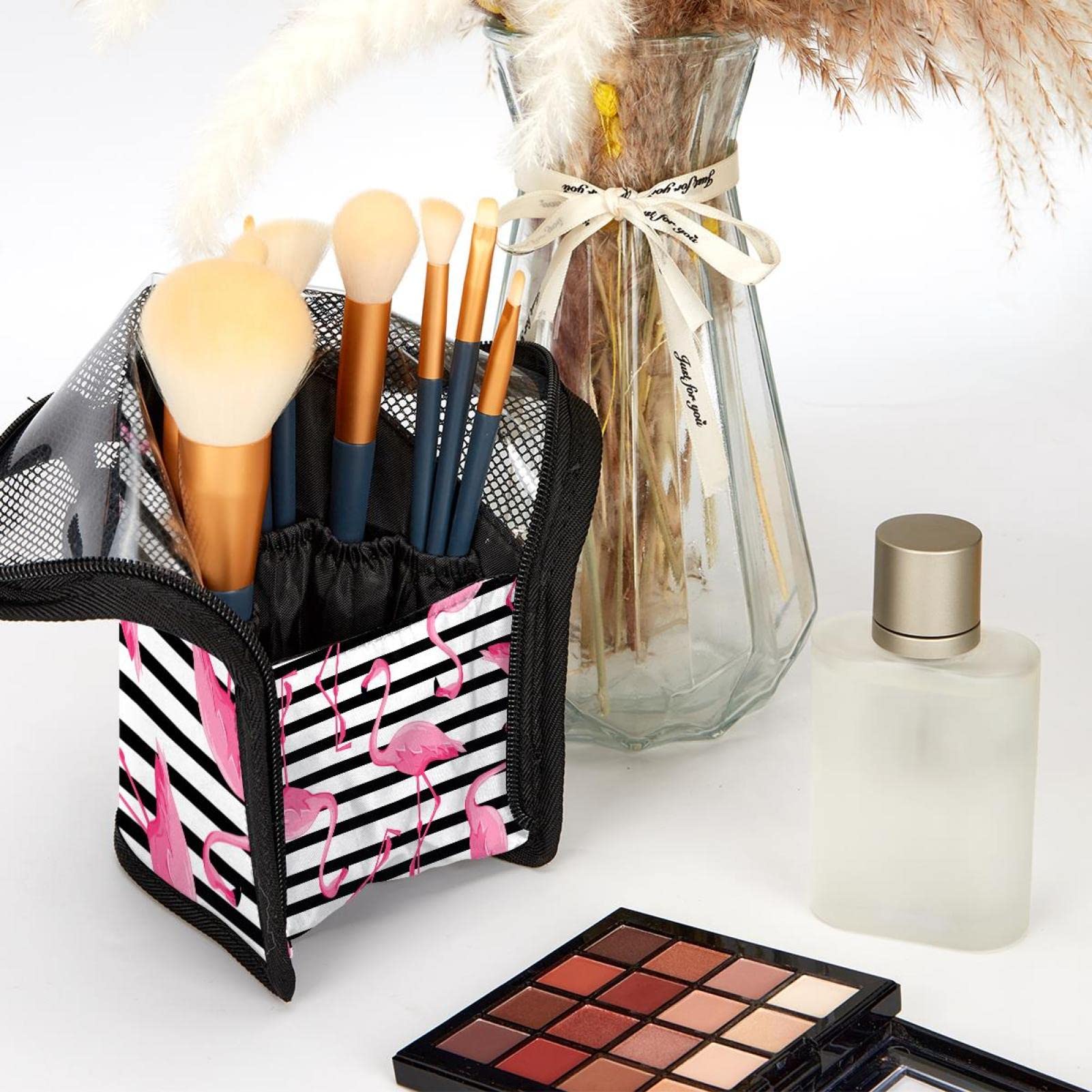Premium 12-Slot Makeup Brush Organizer Bag - Pink Flamingo & Black Stripes Design, Portable Cosmetic Brush Holder Case for Travel & Home Storage | Perfect for Makeup Artists & Beauty Enthusiasts