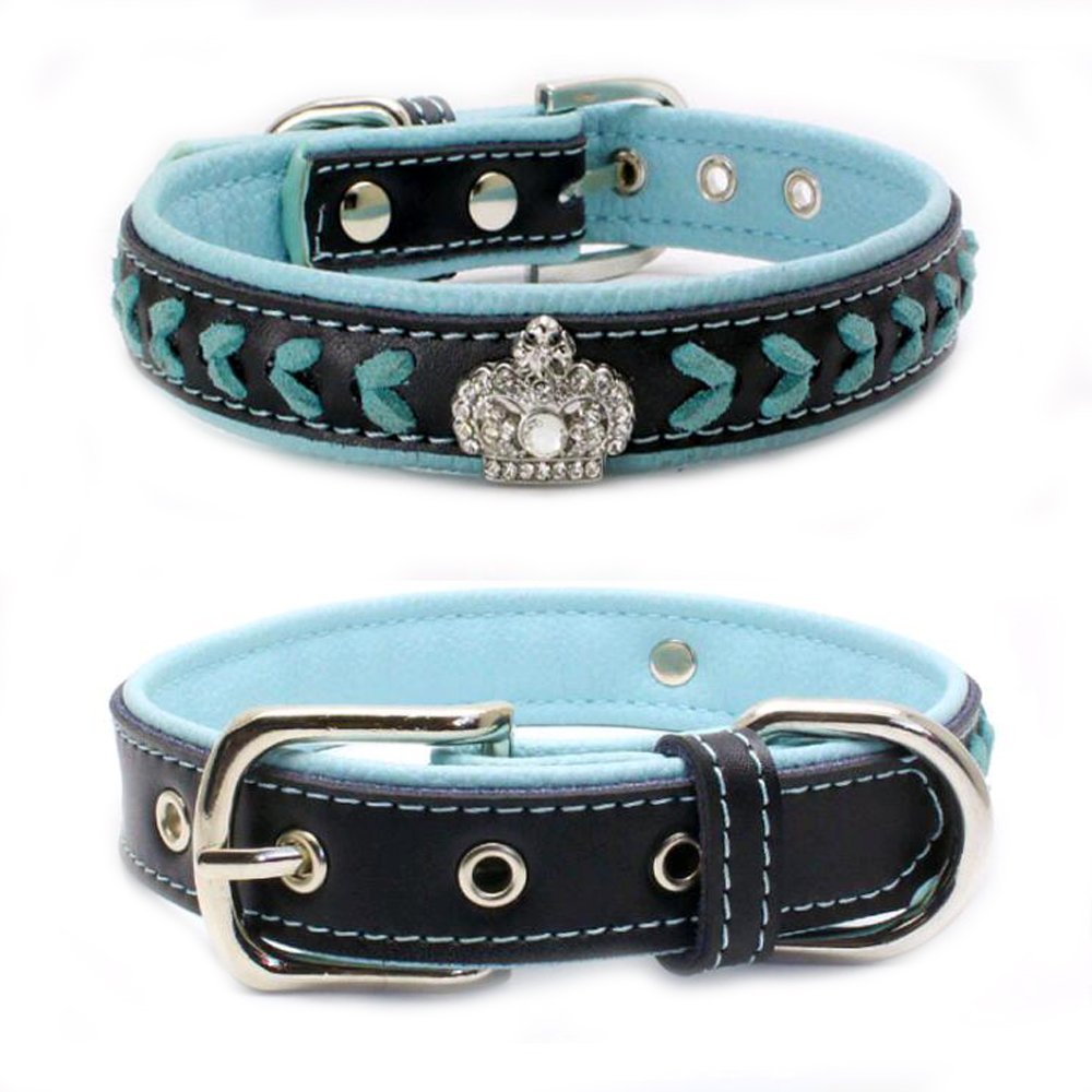 Premium Genuine Leather Braided Dog Collar with Rhinestone Crown - Adjustable 14.5