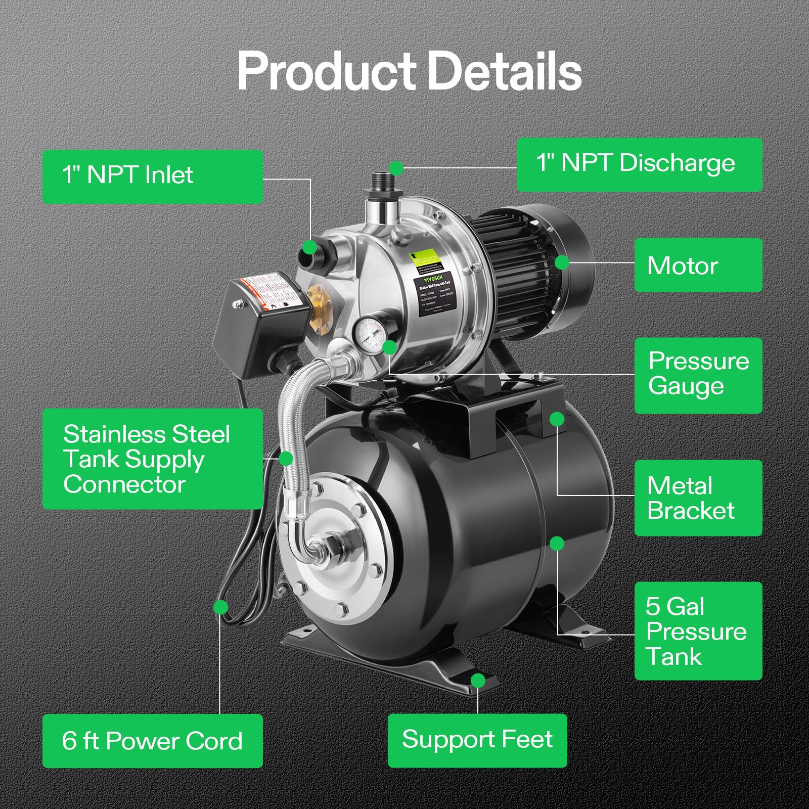 VIVOSUN 1.6 HP Shallow Well Pump with Pressure Tank - NSF Certified Stainless Steel Water Booster Pump (1320 GPH) - Includes Two Adapters for Home, Garden, Lawn Irrigation & Water Supply Systems