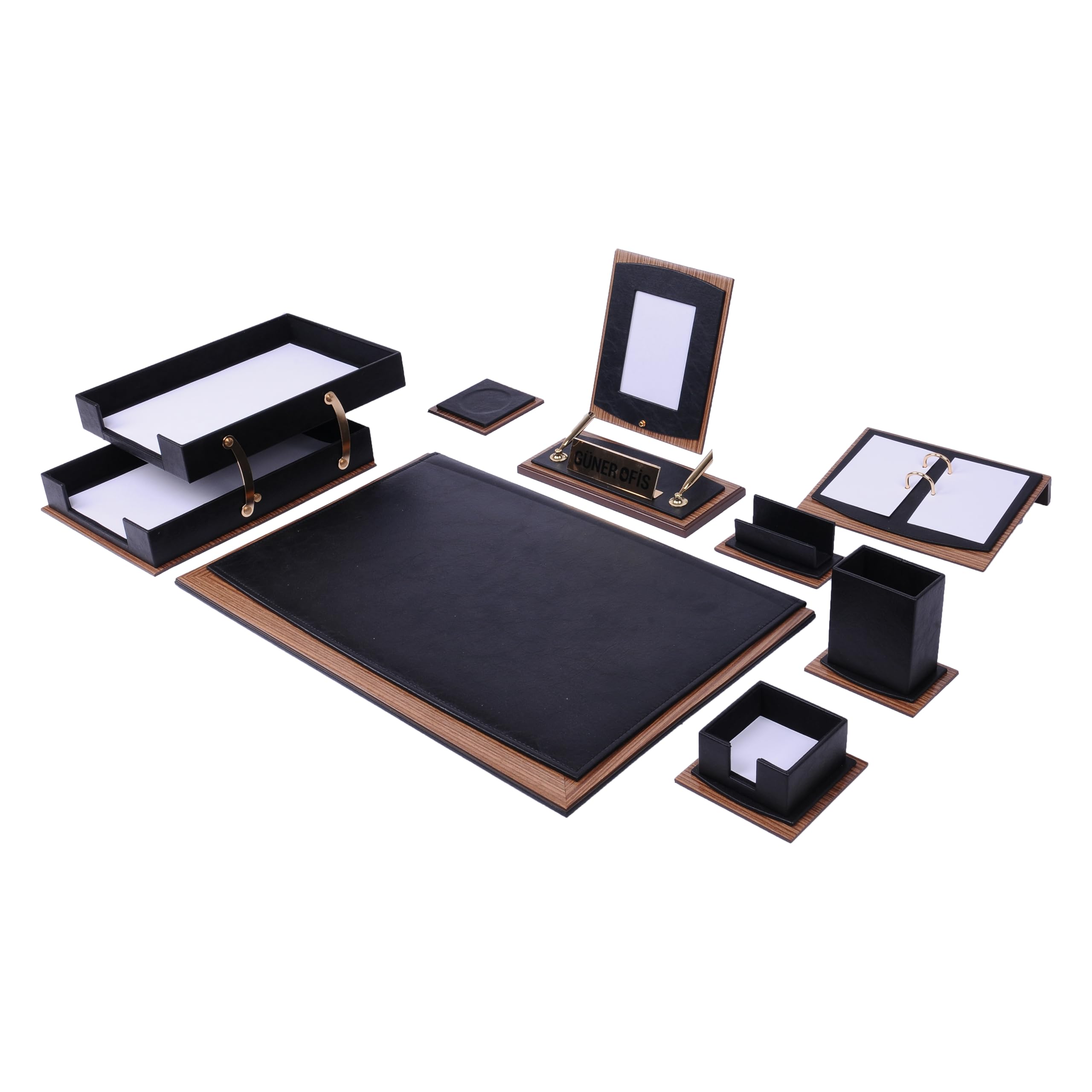 Premium Leather & Wood Desk Organizer Set - 11-Piece Luxury Office Desk Accessories with Double Tray, Pen Holder & Storage Compartments (Black) | Perfect for Executive Desks, Home Offices & Professional Workspaces