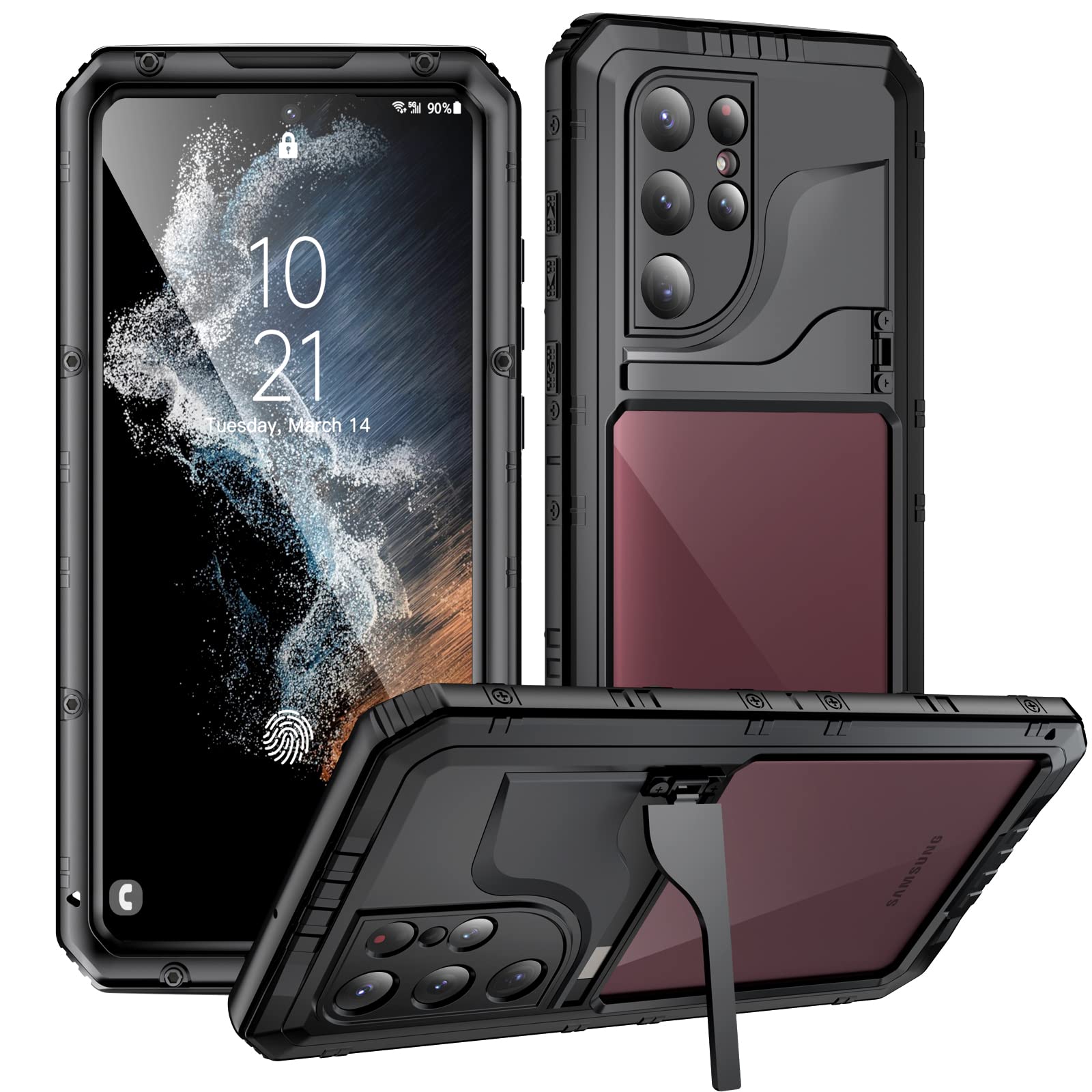 **Mitywah Heavy Duty Shockproof Waterproof Case for Samsung Galaxy S22 Ultra - Metal Kickstand, Built-in Screen Protector, Full Body Protection (Black) - Perfect for Outdoor, Travel & Extreme Sports**