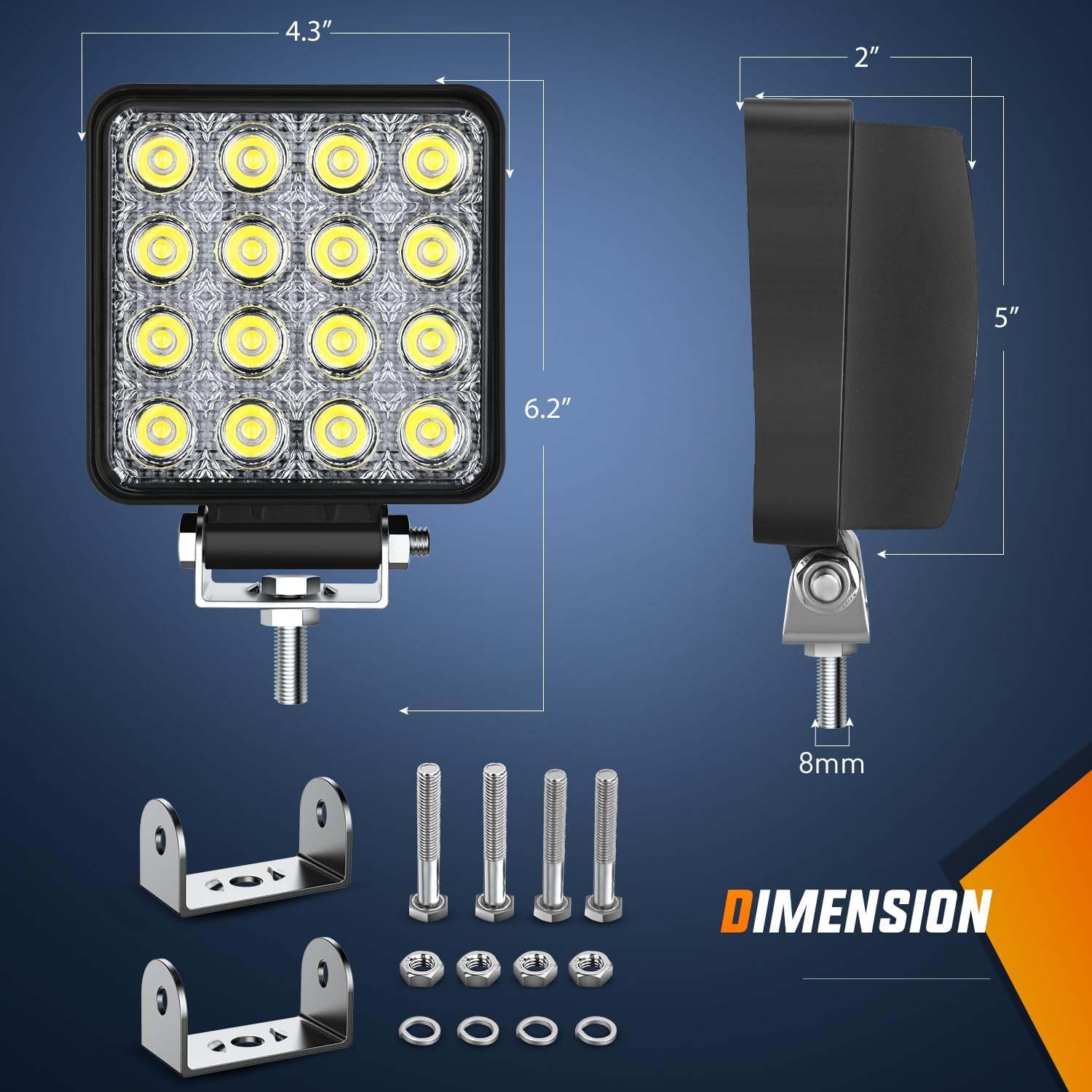 4 Inch 48W Square LED Flood Work Lights - 2 Pack Waterproof Outdoor Lighting for Construction, Warehouse, Garage & Backyard