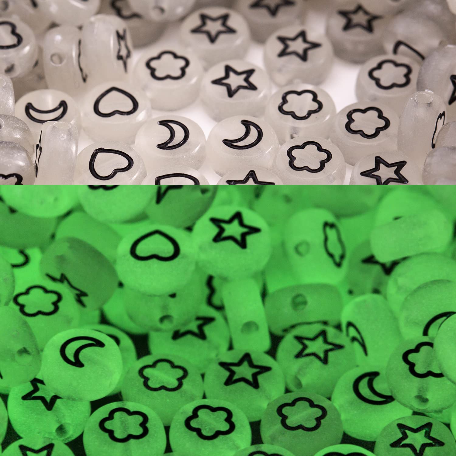 500 Pcs 4x7mm Glow in The Dark Acrylic Beads - Stars, Moon, Hearts & Petal Shapes for DIY Jewelry Making, Friendship Bracelets - Perfect for Nighttime Crafts, Party Favors & Kids' Projects