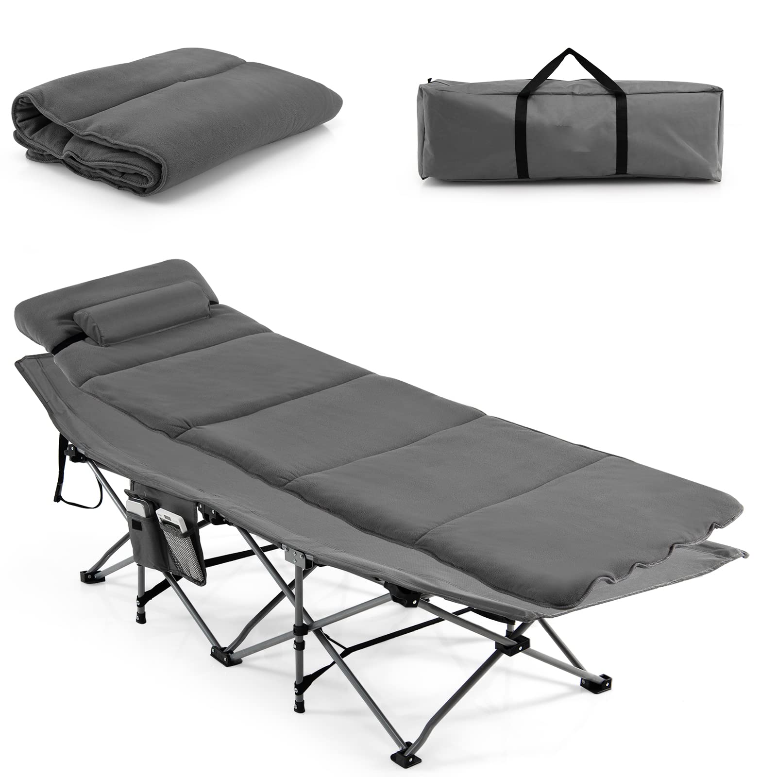 Goplus Heavy-Duty Folding Camping Cot with Mattress & Pillow - Portable Military Sleeping Cot for Adults & Kids, Includes Carry Bag & Storage Pocket - Perfect for Camping, Hiking, Home Office Nap & Outdoor Adventures (Grey)