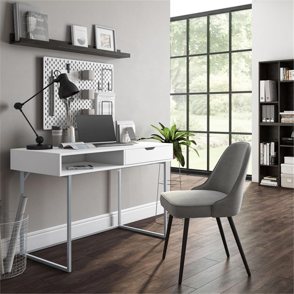 CorLiving Marley Modern White Engineered Wood Single Drawer Writing Desk with Steel Legs - Perfect for Home Office, Study Room & Small Spaces