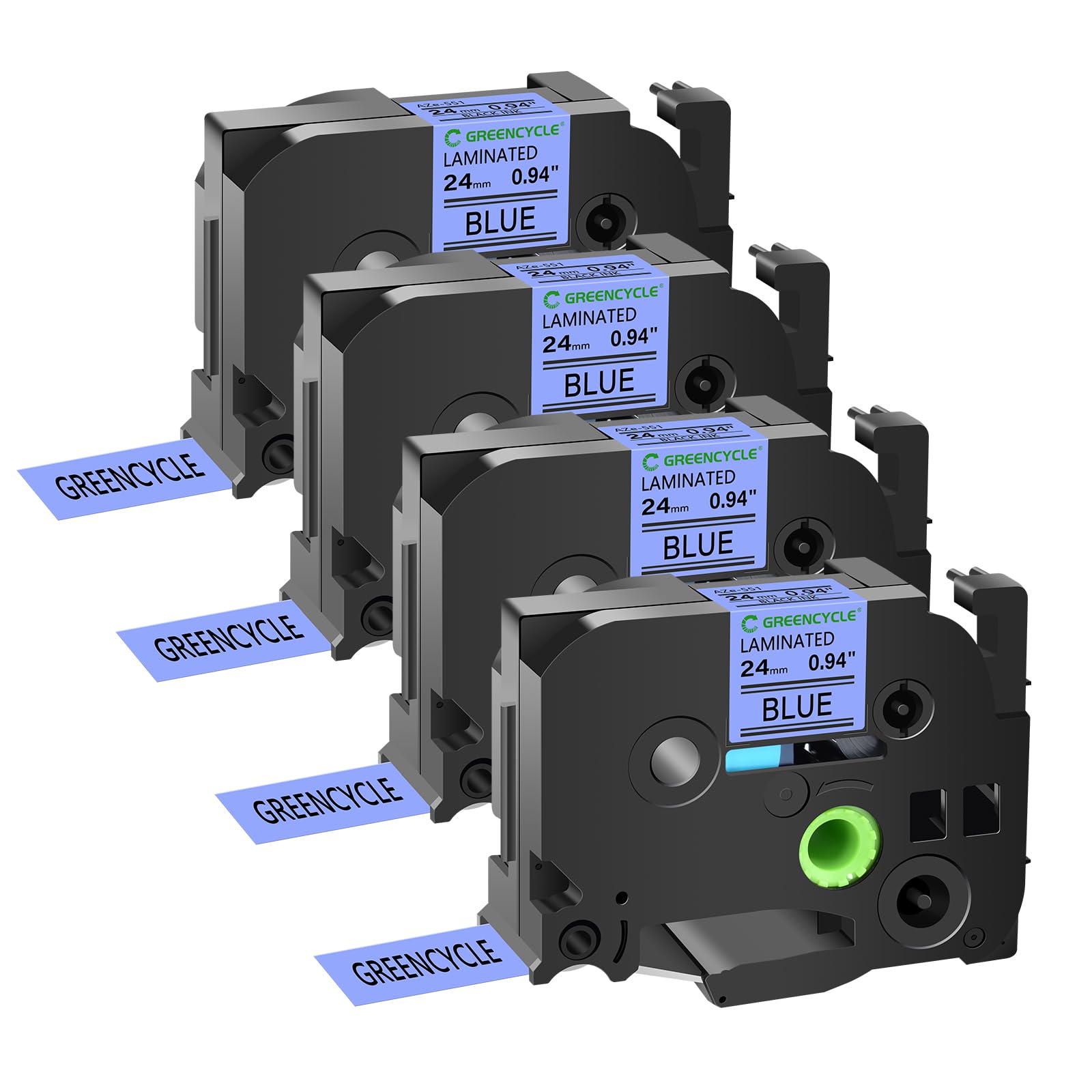 **GREENCYCLE 4-Pack Brother P-Touch TZe-551 TZe551 AZE Compatible Label Tape - 24mm (0.94 Inch) Black on Blue Laminated - Fits PT2730, PT9600, PTD600VP, PTD800W, PTH500LI, PTP700, PTP710BT, PTP750W - Perfect for Office, Home & Industrial Labeling**