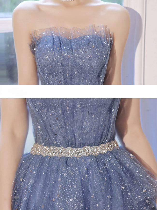 Blue Tulle Sequin Short Prom Dress - Sparkly Homecoming Party Gown for Teens, Puffy Sleeve Formal Dance Dress for Quinceanera & Sweet 16 | Perfect for Prom Night, Homecoming & Special Occasions