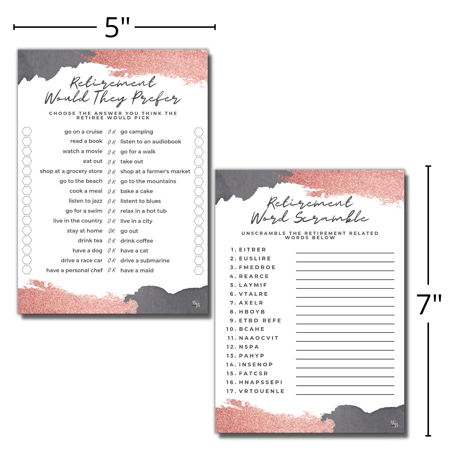 Rose Gold Retirement Party Games Cards - 50 Double-Sided Word Scramble & Would They Prefer? Game Cards for Women, Adults & Seniors - Perfect for Retirement Celebrations, Office Parties & Senior Social Events