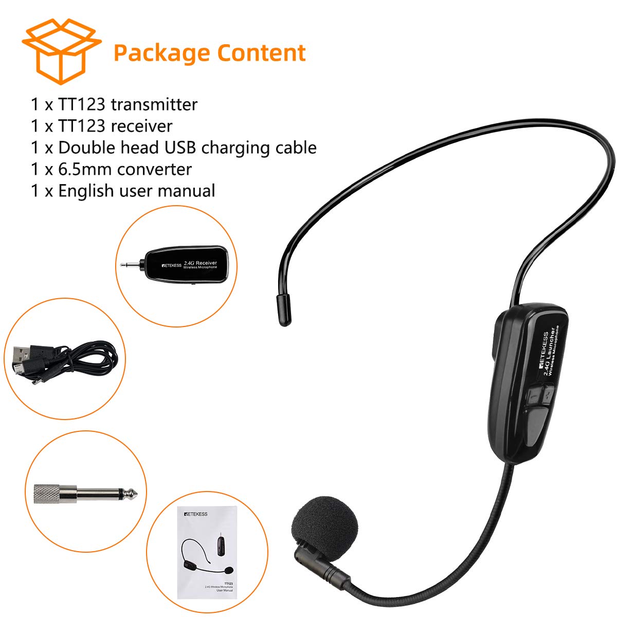 Retekess TT123 2.4G Wireless Microphone Headset System - 164ft Range, Dual Headset & Handheld Mic for Tour Guides, Teachers, Presenters - Perfect for Voice Amplification, PA Systems, Public Speaking, and Outdoor Events