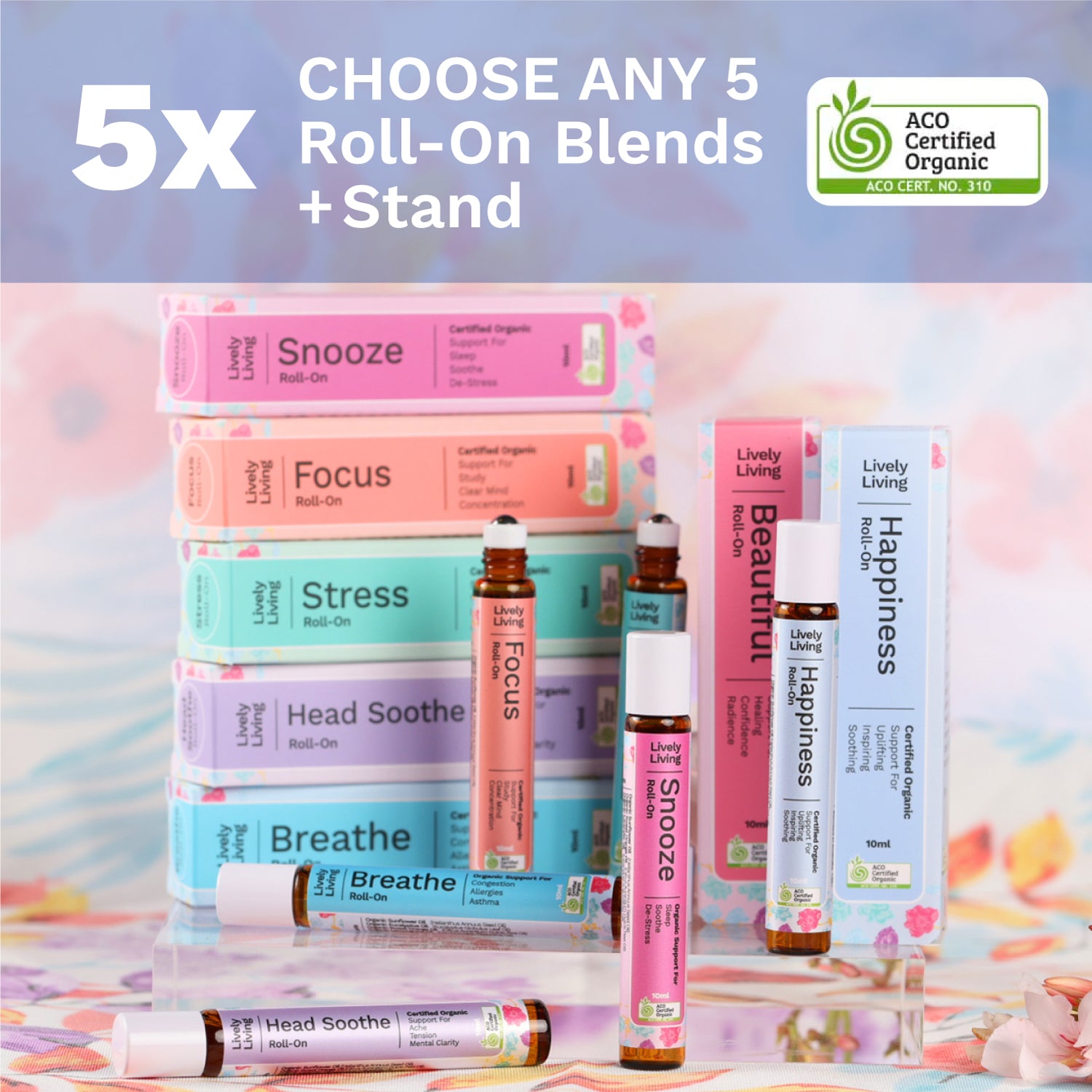 5-Pack Roll On Essential Oils with Bonus Stand - Portable Aromatherapy for Stress Relief, Sleep & Travel