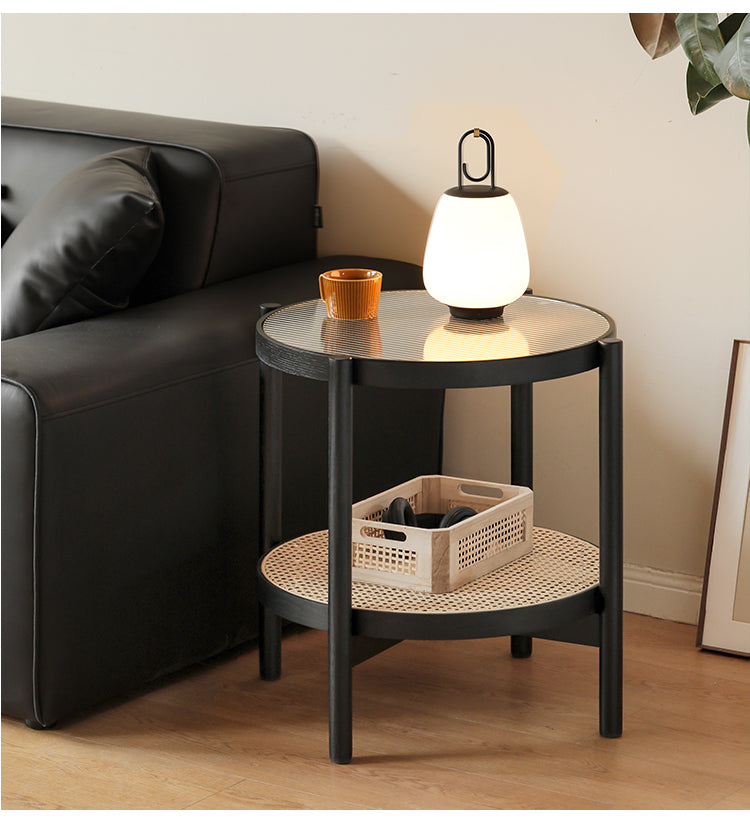Solid Oak Wood Rattan Black Glass Round Coffee Table - Modern Living Room Centerpiece for Home Decor