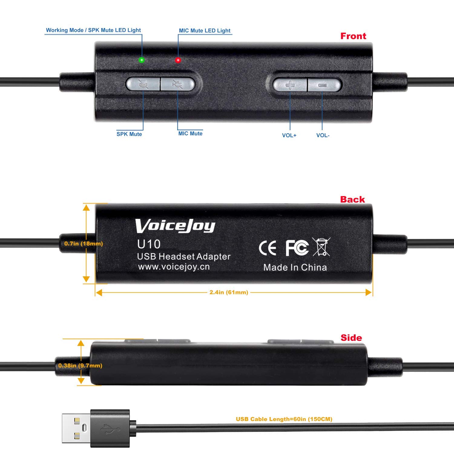 VoiceJoy QD to USB Adapter Cable with Volume Control & Separate Mute for Speaker/Microphone - Compatible with Plantronics Headsets (Perfect for Call Centers, Online Meetings & Gaming Headsets)