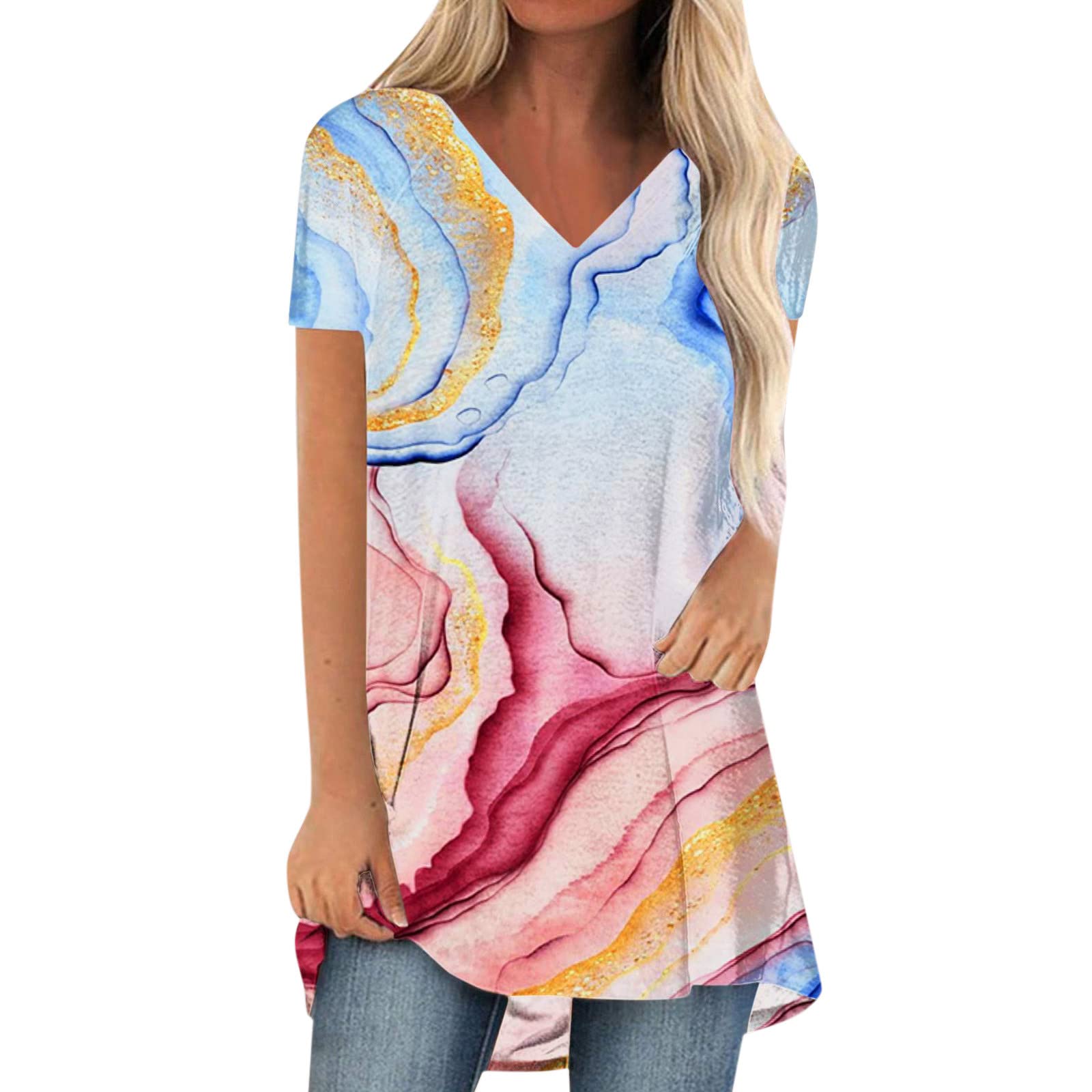 Women's Casual V-Neck Short Sleeve Printed T-Shirt - Summer Fashion Top for Everyday Wear, Outings & Beach Vacations