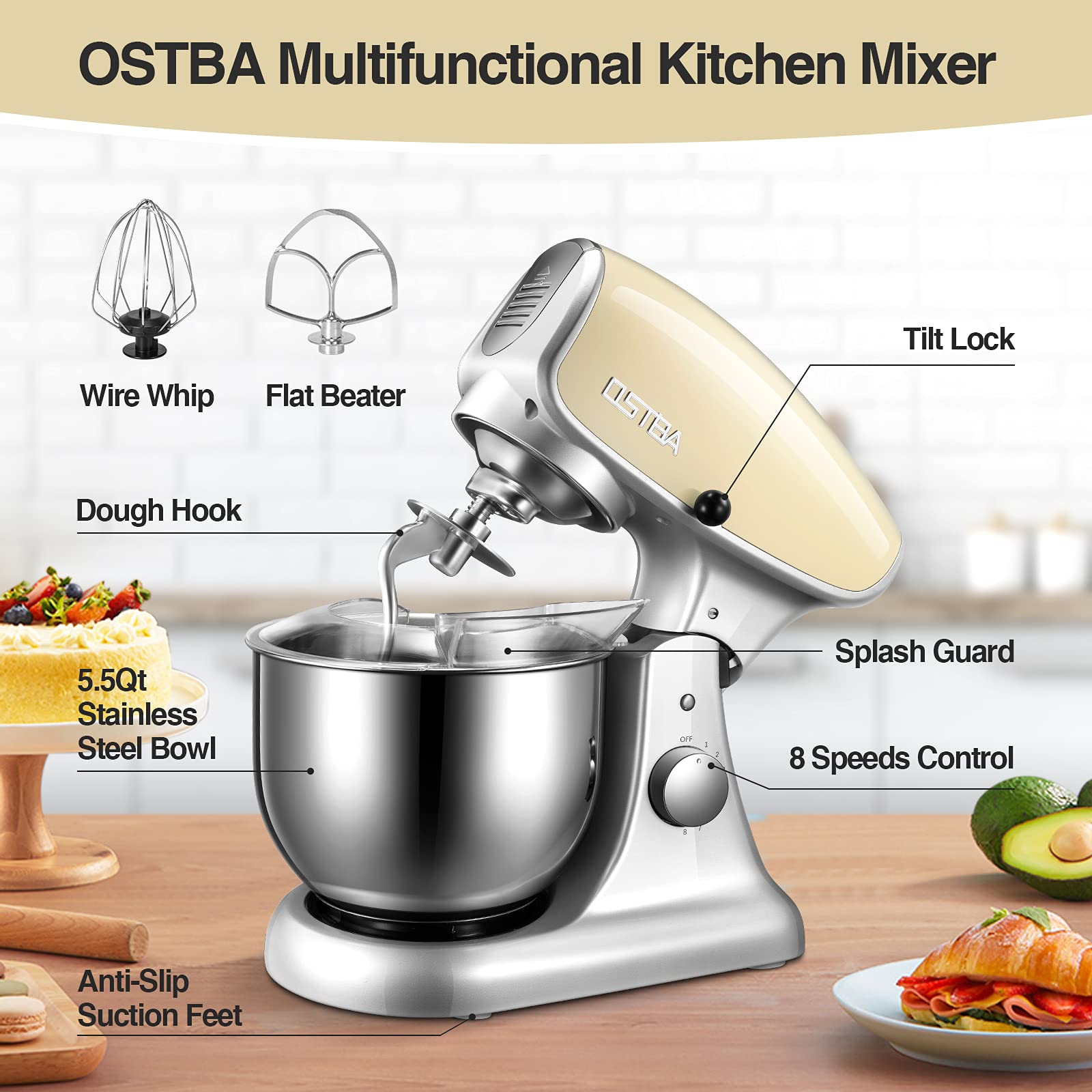 8-Speed 600W Die-Cast Stand Mixer - 5.5Qt Tilt-Head Kitchen Mixer with Stainless Steel Bowl, Dough Hook, Egg Whisk & Splash Guard - Perfect for Baking, Dough Kneading & Whipping Cream (Almond Cream Color)