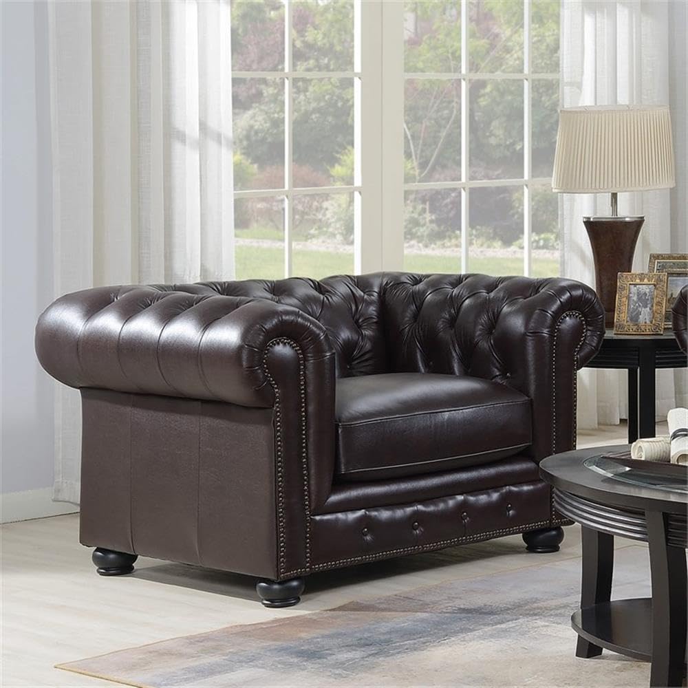 Luxury Brown Leather Chesterfield Accent Chair and Sofa 2-Piece Set for Living Room - Classic Home Square Furniture for Office, Lounge & Library Decor