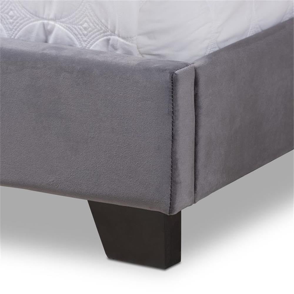 BOWERY HILL Velvet Nailhead Upholstered King Bed Frame in Grey - Luxurious Upholstered Bed for Master Bedroom, Guest Room & Modern Home Decor