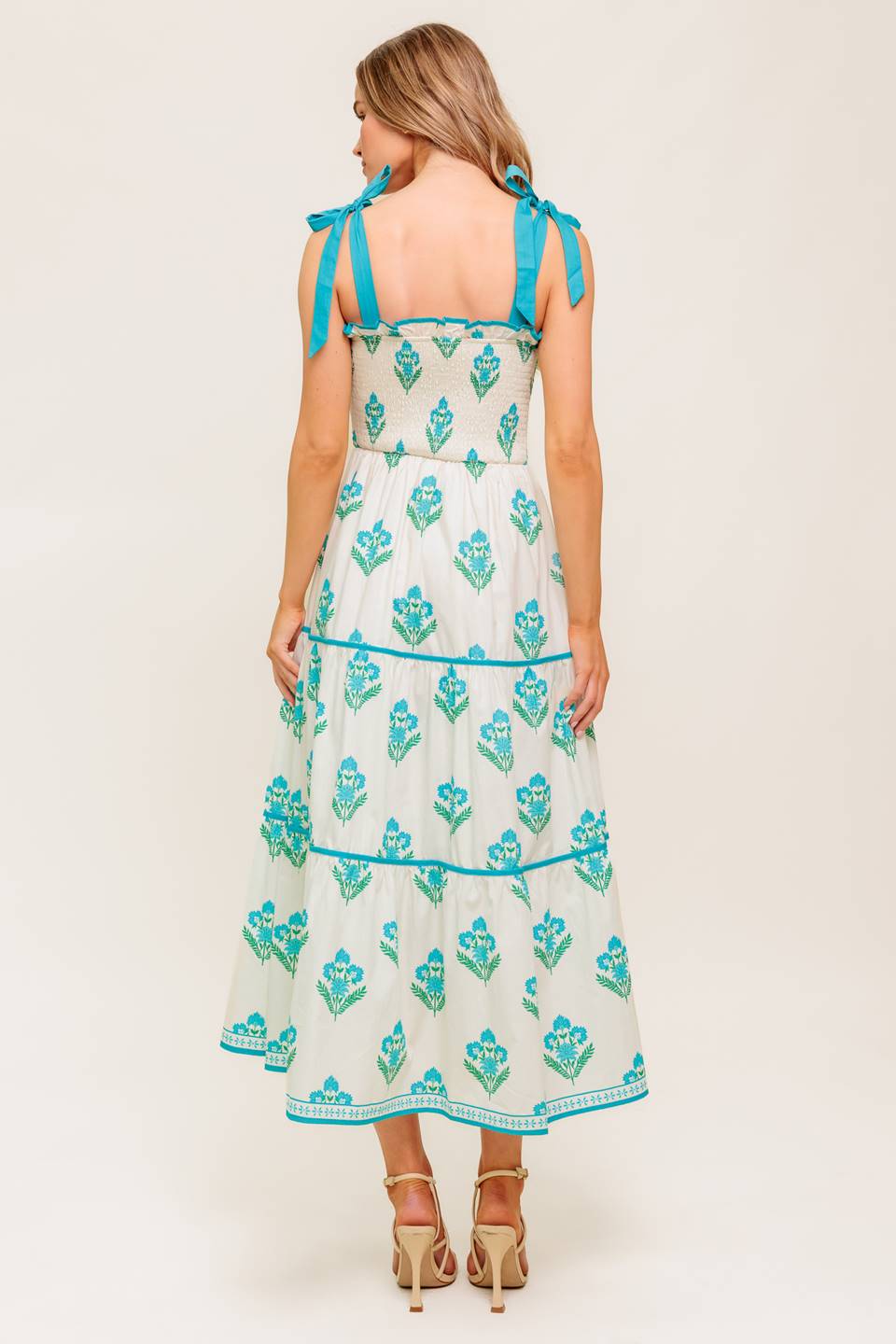 BEAUTY IN BLOOM Blue Tie Strap Midi Dress - Flowy Summer Dress for Beach, Wedding & Date Night