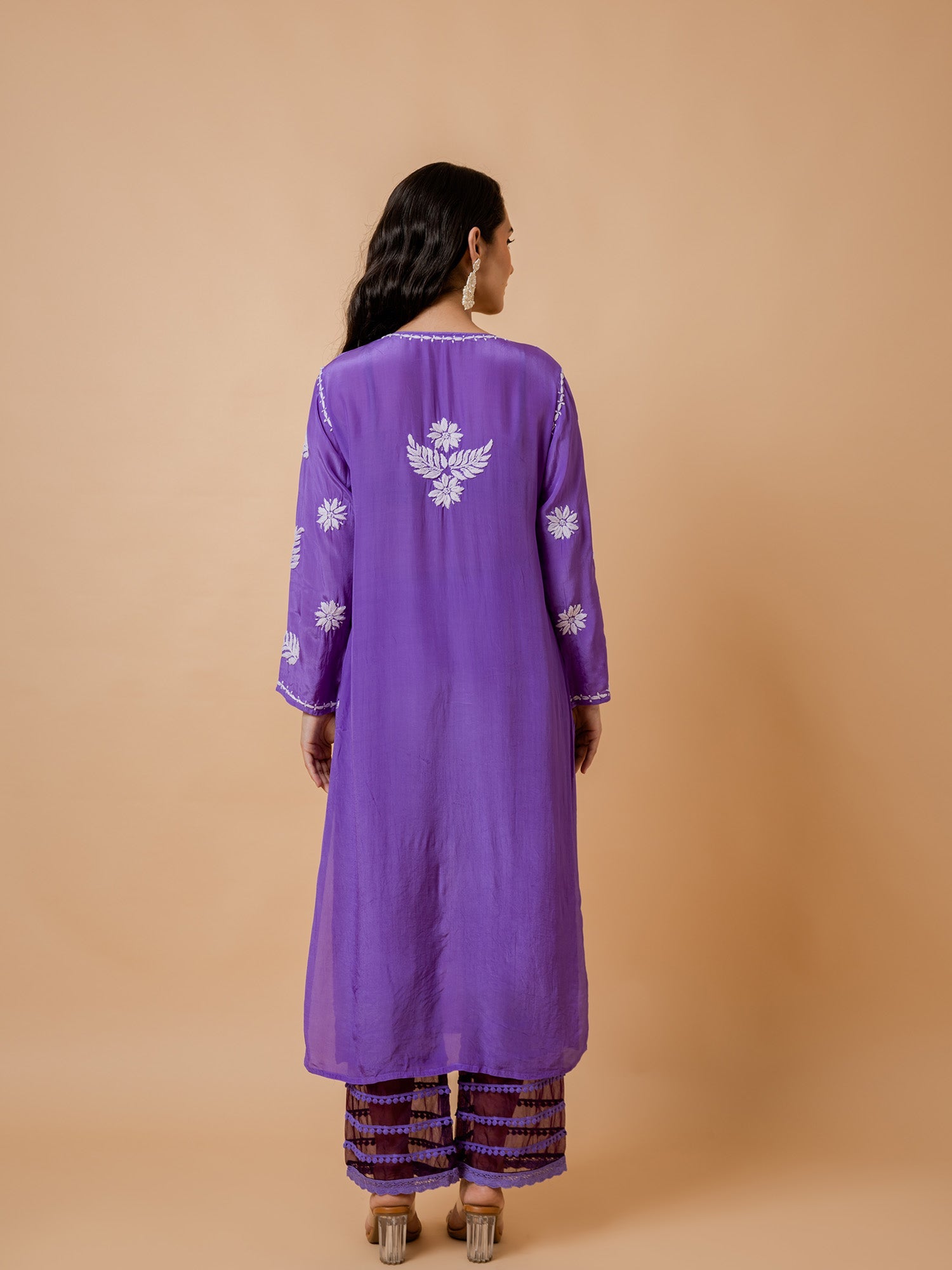 Fizaa Chikankari Crepe Silk Kurta for Women - Purple Notch Neck Indian Ethnic Wear | Perfect for Festivals, Weddings & Casual Outfits