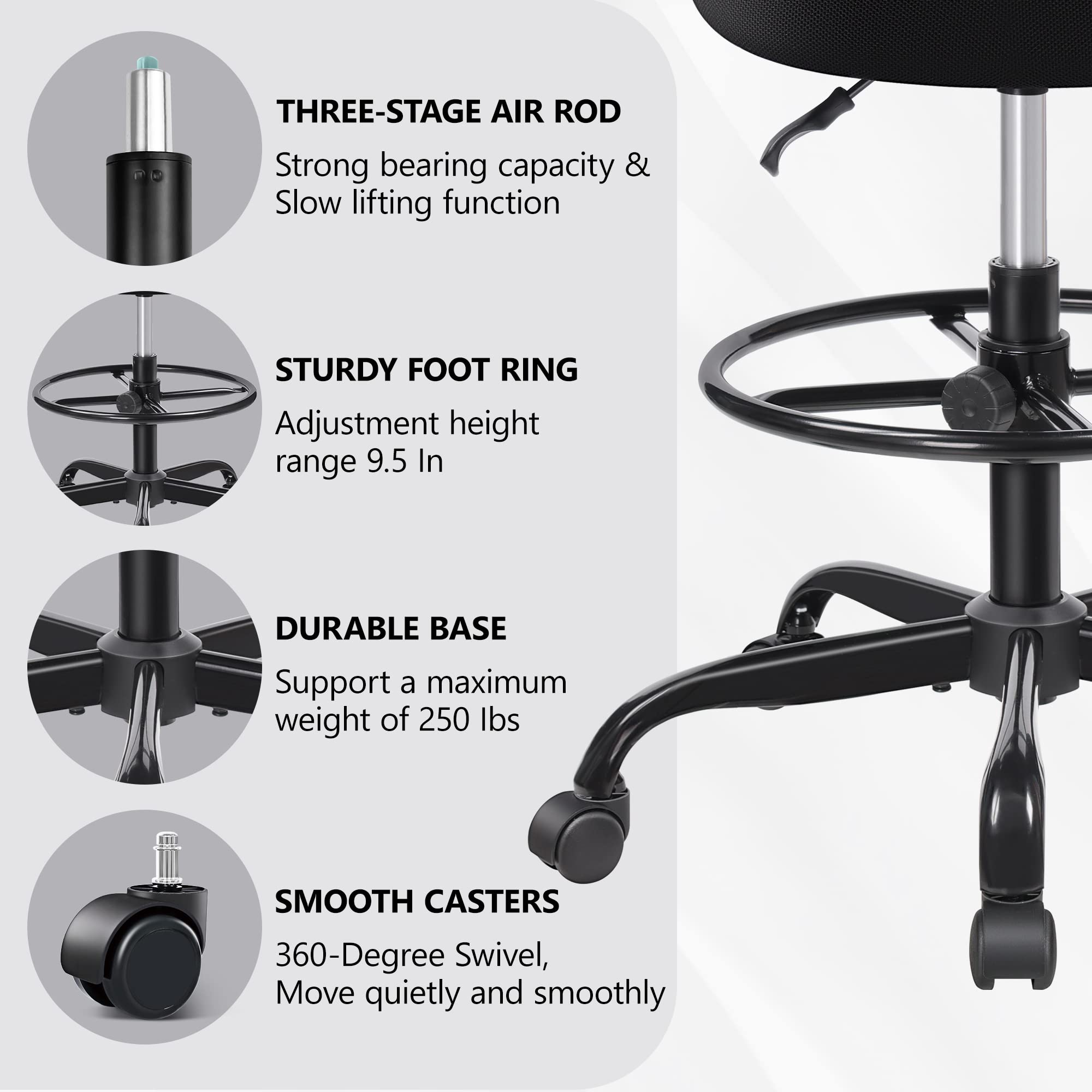 Primy Adjustable Height Drafting Chair - Armless Mid-Back Ergonomic Office Chair with Foot Ring & Mesh Back - Rolling Swivel Stool for Standing Desks, Art Studios, Home Office & Workspaces (Black)