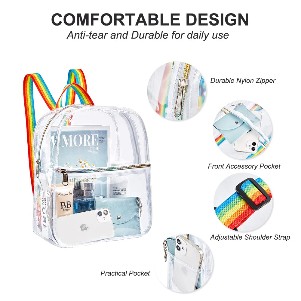 Stadium Approved Clear PVC Backpack - Heavy Duty Cold-Resistant Transparent Backpack for Work, Security Travel & Sports Events (White Rainbow) | Perfect for Concerts, Airports, Theme Parks & School Safety