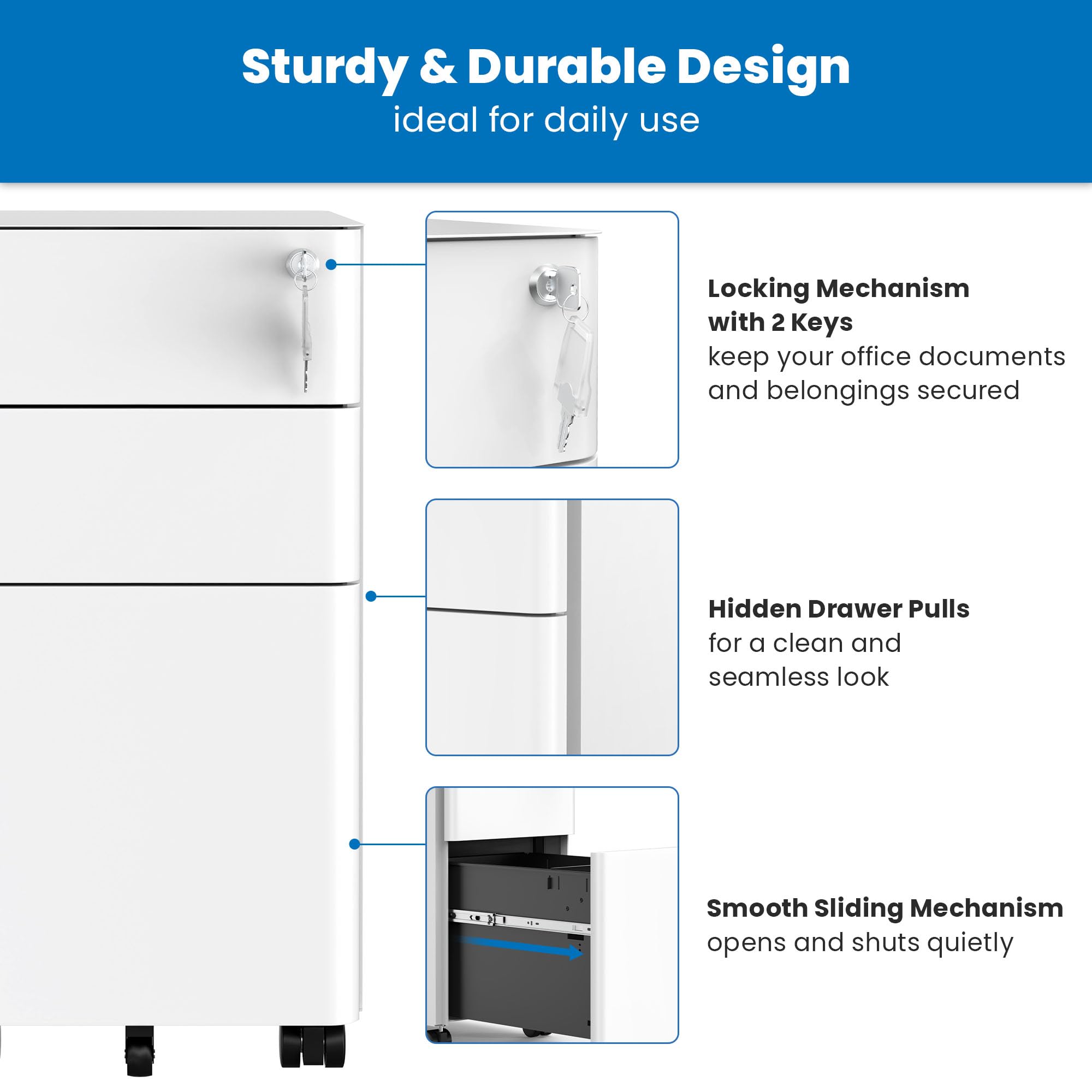 Mount-It! Slim Rolling Under Desk Cabinet - 3-Drawer Mobile File Storage with Lock for Home & Office Organization - White - Perfect for Small Spaces & Clutter-Free Workspaces