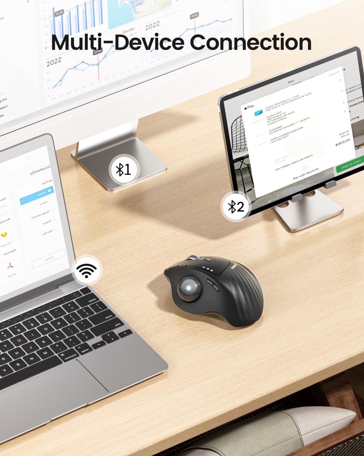 ProtoArc EM01 Wireless Ergonomic Trackball Mouse - Bluetooth Rechargeable Thumb Control Mouse with Adjustable Angle & 3-Device Connectivity for PC, Mac, Windows (Gray) - Perfect for Office Work, Graphic Design & Gaming
