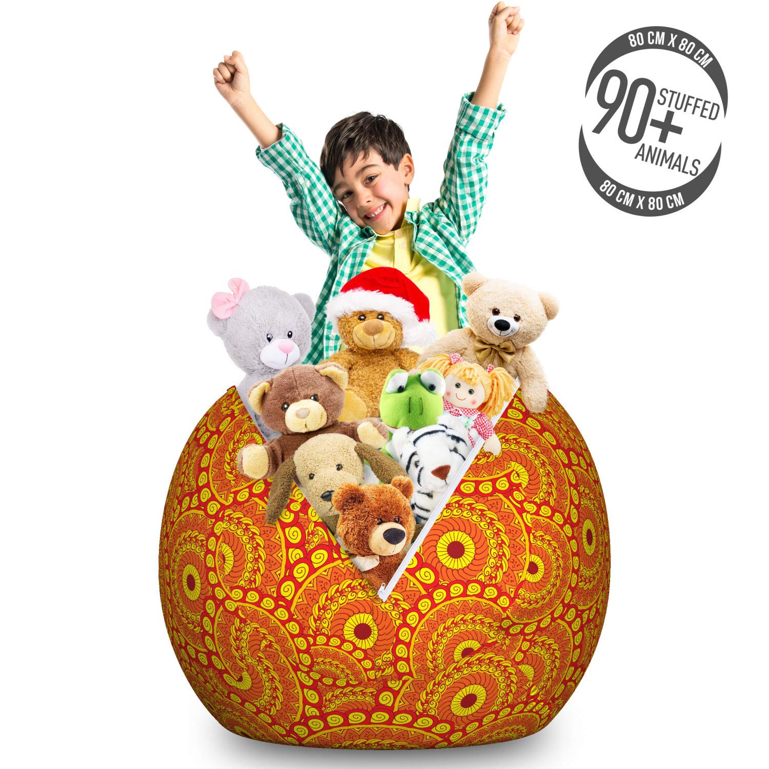 Ambesonne Mandala Toy Storage Bag Chair - Large Washable Stuffed Animal Organizer with Exotic Spiral Swirl Design in Vermilion & Yellow | Kids' Room Decor, Playroom Organization, Nursery Storage Solution