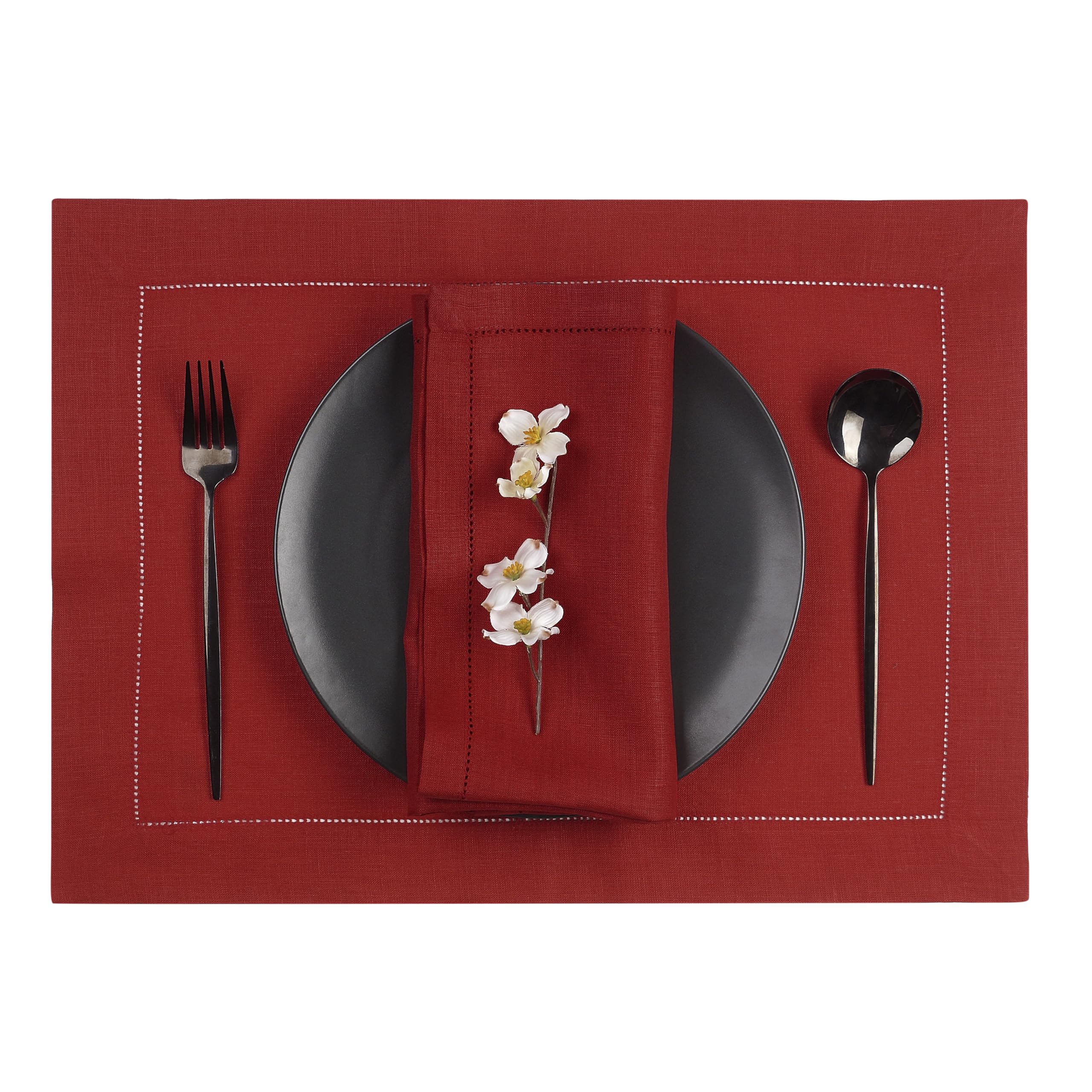 D'Moksha Homes 100% Pure Linen Placemats Set of 4 - 14x19 Inch Red Table Mats with Classic Hemstitch, Washable & Durable for Easter, Thanksgiving, Christmas Dinner & Home Decor