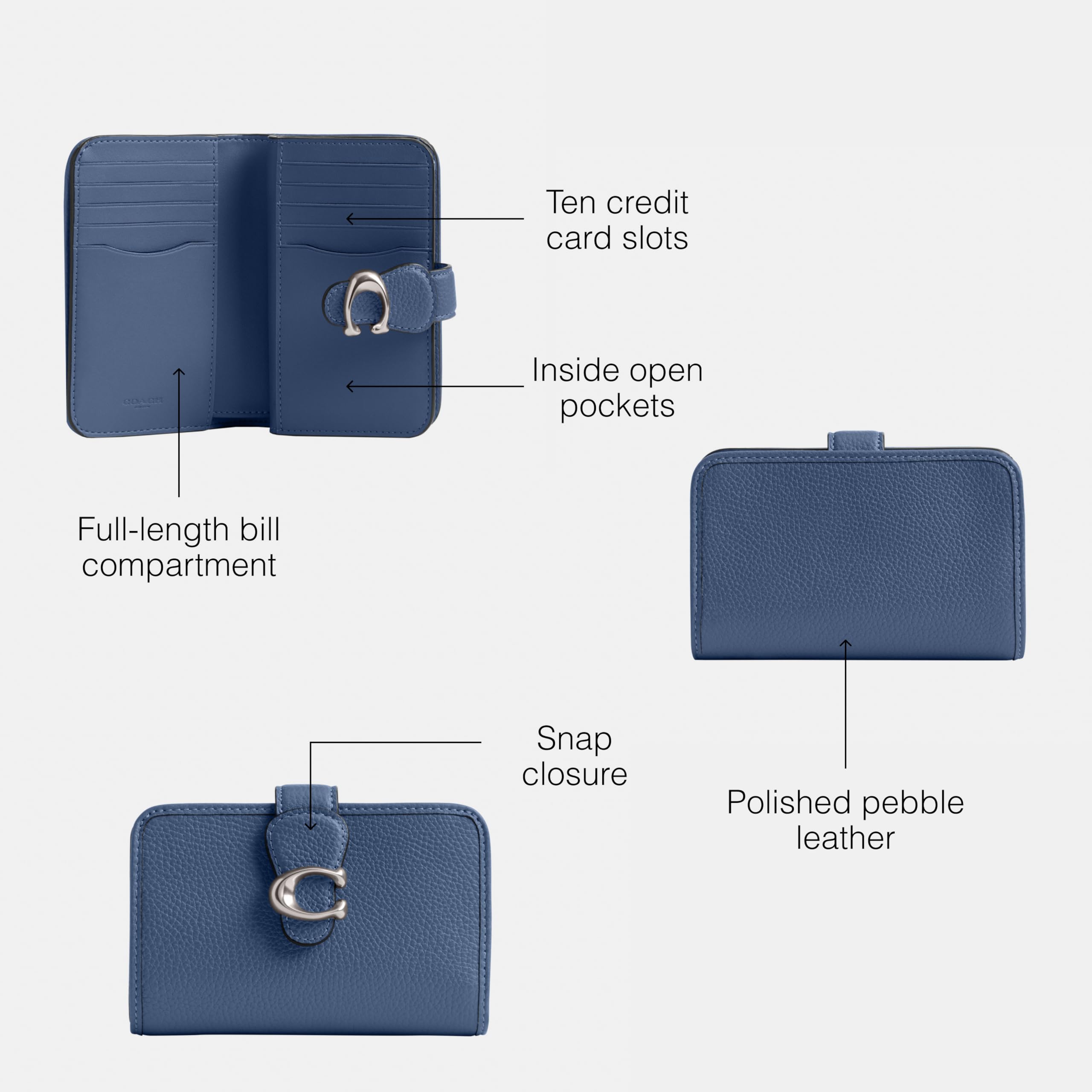 Coach Women's Polished Pebble Leather Tabby Medium Wallet in Sky Blue | Premium Leather Card Holder for Credit Cards & Cash | Perfect for Everyday Use, Travel & Gift Giving
