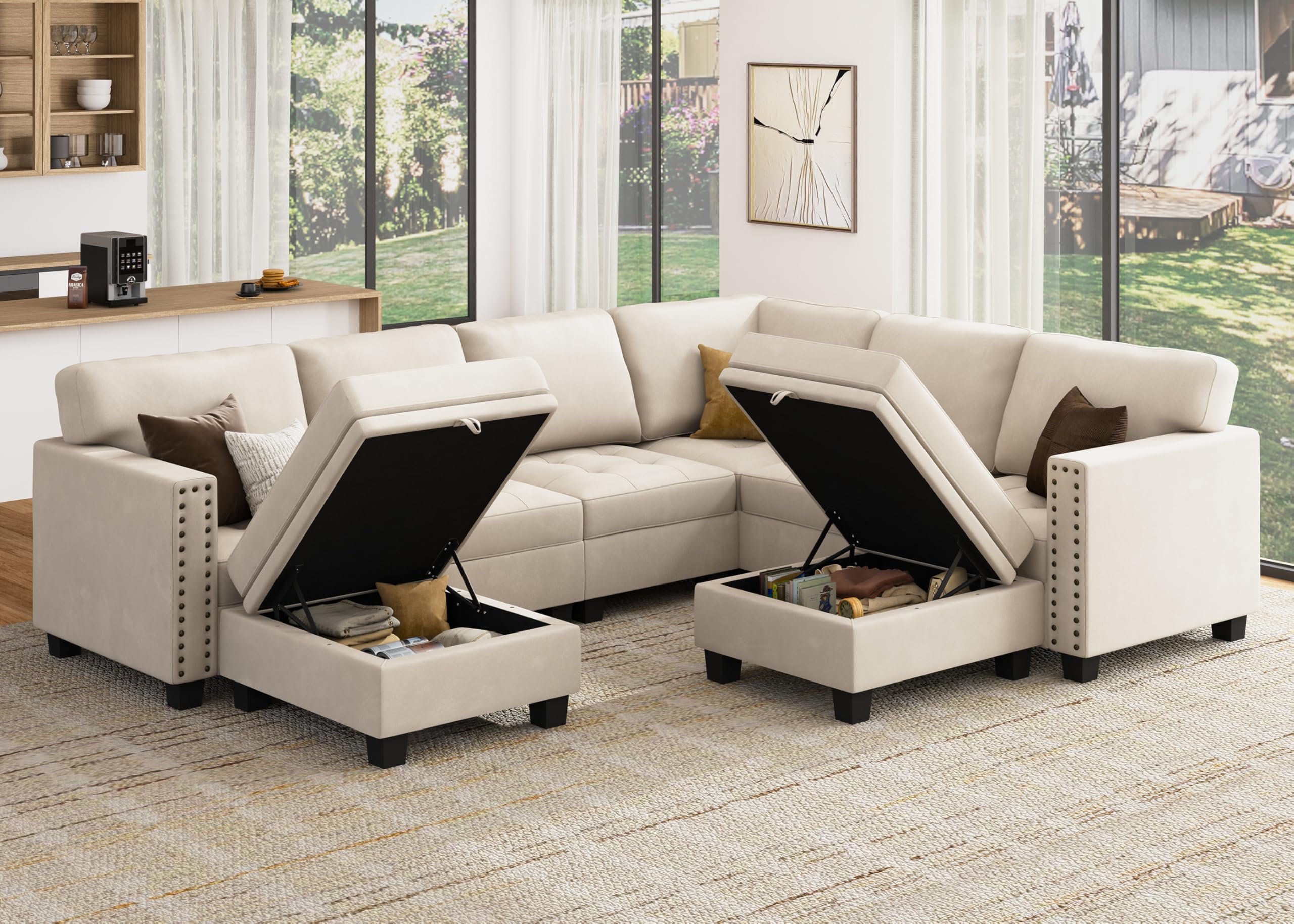 HONBAY Velvet Modular Sectional Sofa - L-Shaped Couch with Storage Ottoman & Top Tray, U-Shape Living Room Sofa Set in Beige | Perfect for Small Spaces, Apartments & Family Gatherings