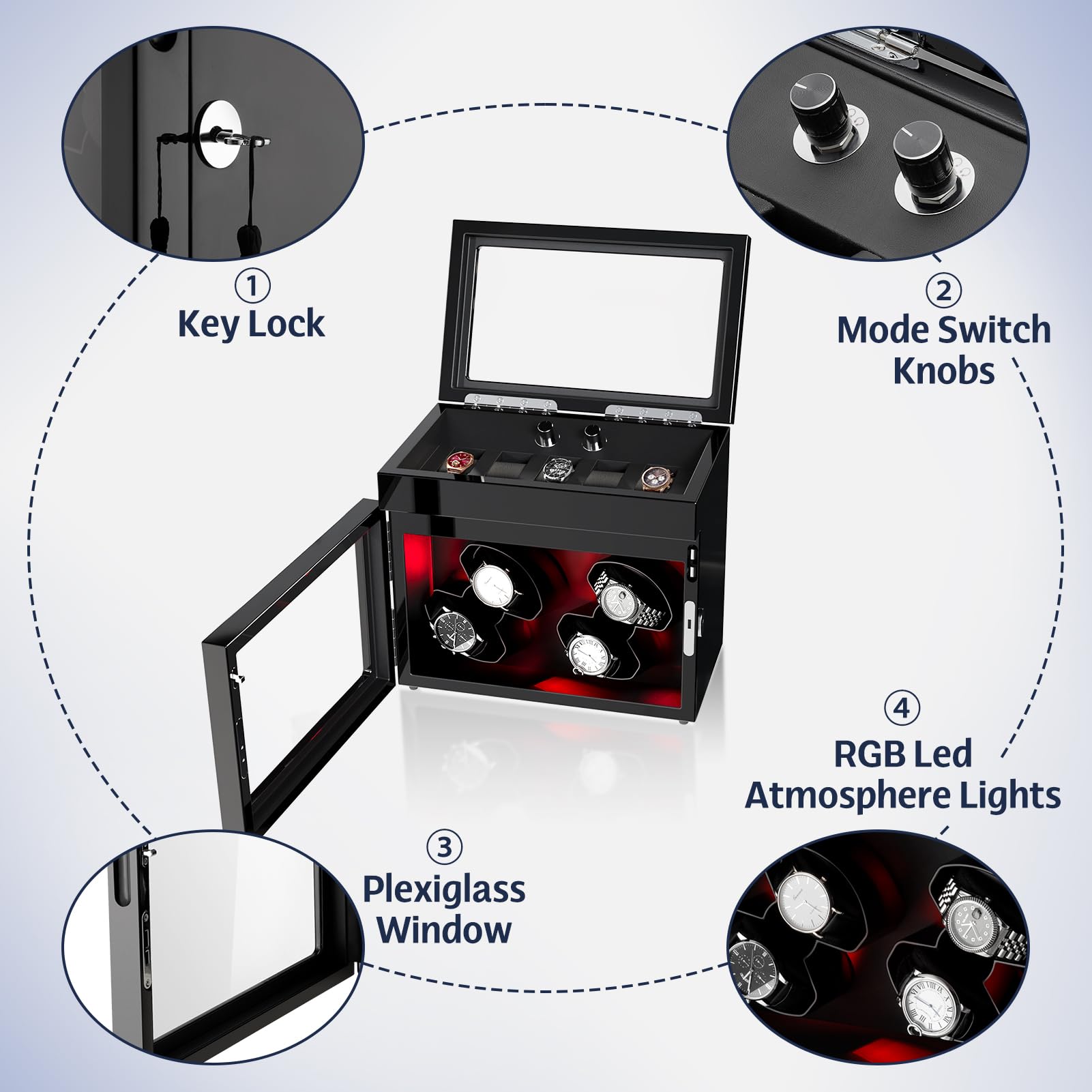 Premium 4 Watch Winder for Rolex & Automatic Watches - Super Quiet Motor, RGB LED Lighting, Soft Watch Pillows | D Battery & AC/USB Power | Perfect for Watch Collections, Display Cases & Nightstands