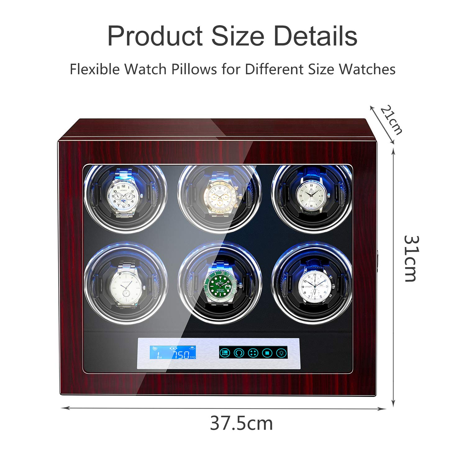 JQUEEN 6 Watch Winder with Piano Finish & High-Gloss Lacquer - Adjustable Watch Pillows, Quiet Japanese Mabuchi Motor, Built-in LED Light - Perfect for Automatic Watch Collection, Display & Storage at Home/Office