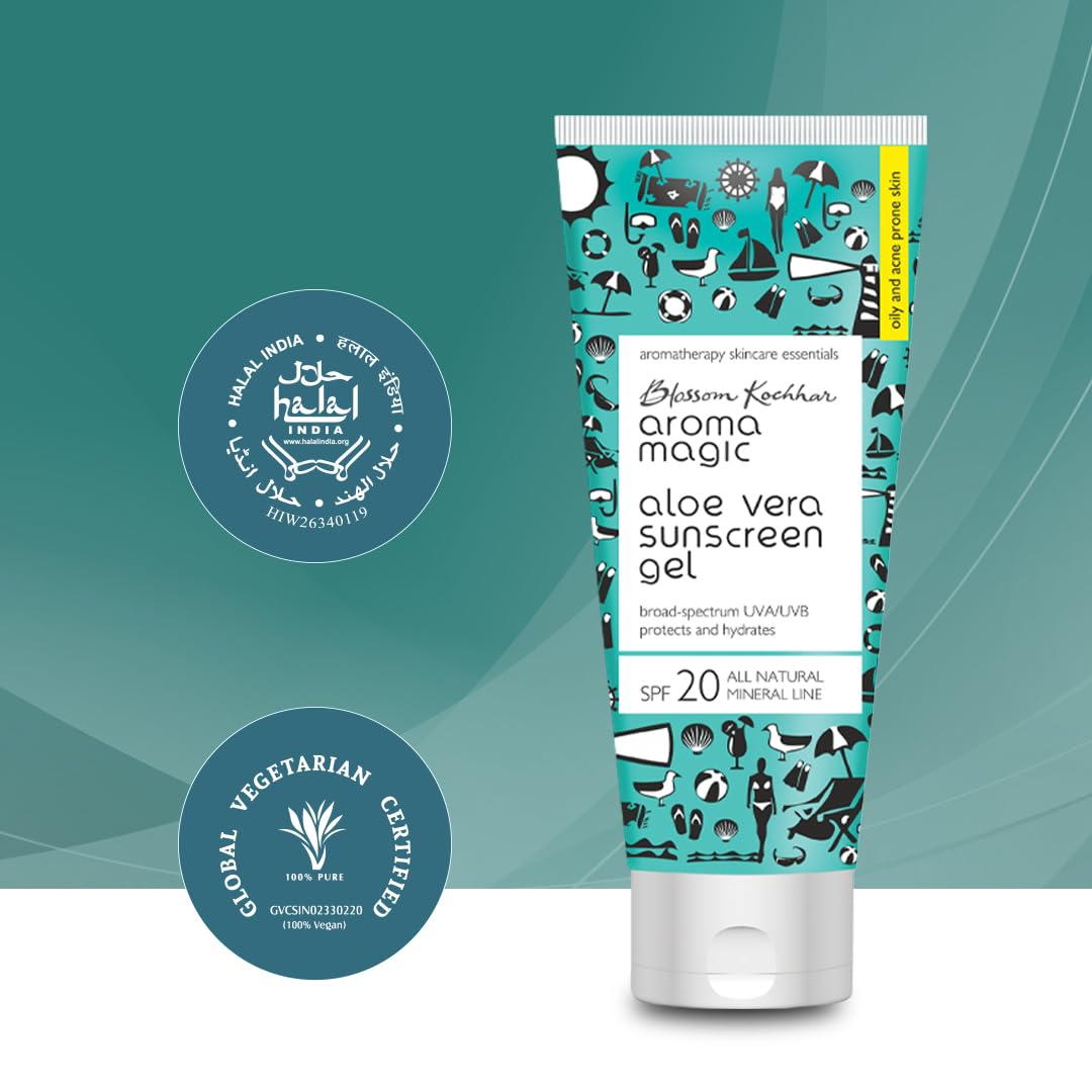 Aroma Magic Aloe Vera Sunscreen Gel SPF 20 - Broad Spectrum UVA/UVB Protection for Oily & Acne-Prone Skin | 100ml | Lightweight, Non-Greasy Formula for Daily Face & Body Sun Protection