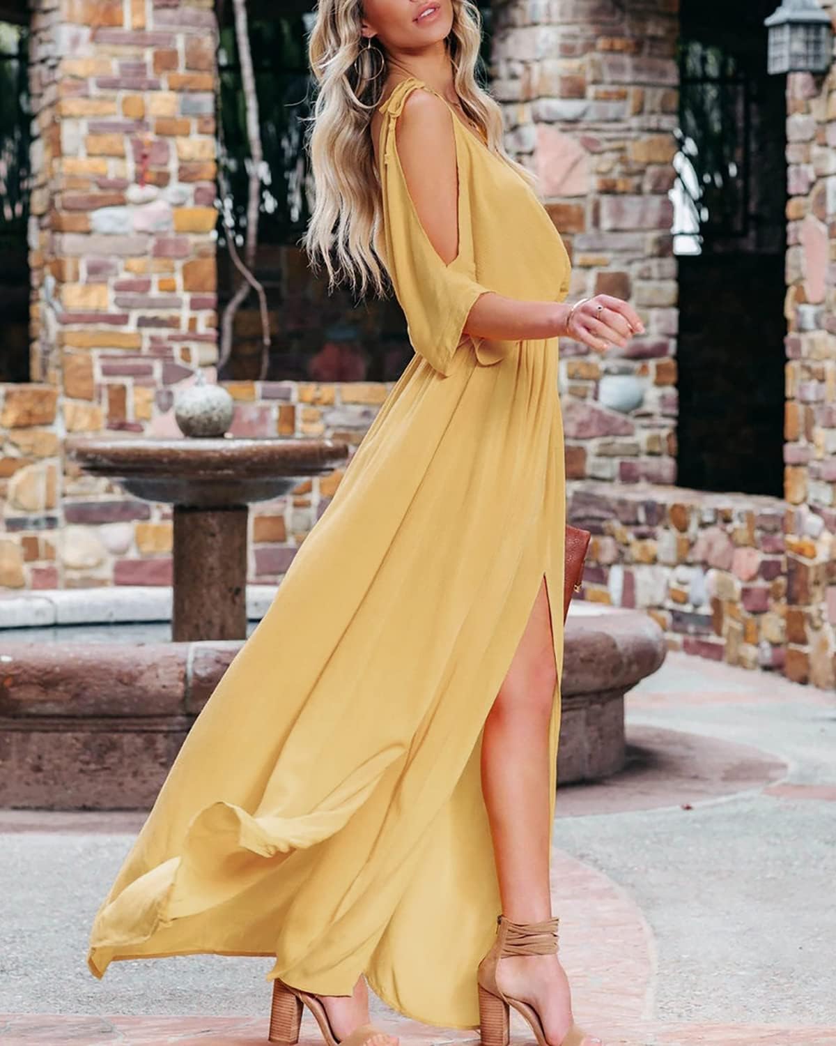 DEEP SELF Women's Summer V-Neck Cold Shoulder Short Sleeve Maxi Dress - High Waist Split Long Dress for Wedding Guest, Beach Party & Date Night