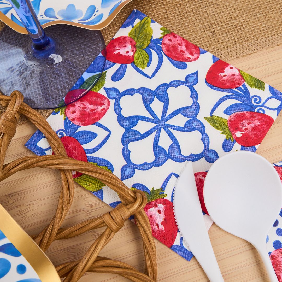 Premium Cocktail Napkins with Blue Strawberry Design - 20 Pack - Elegant Party, Wedding, and Bar Accessories for Drinks and Appetizers
