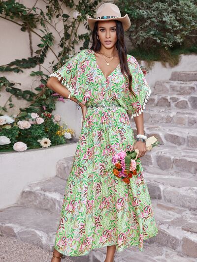 Boho Midi Dress with Tassel Sleeves - Flowy Beach Resort Dress for Women, Perfect for Vacation, Summer Parties & Tropical Getaways