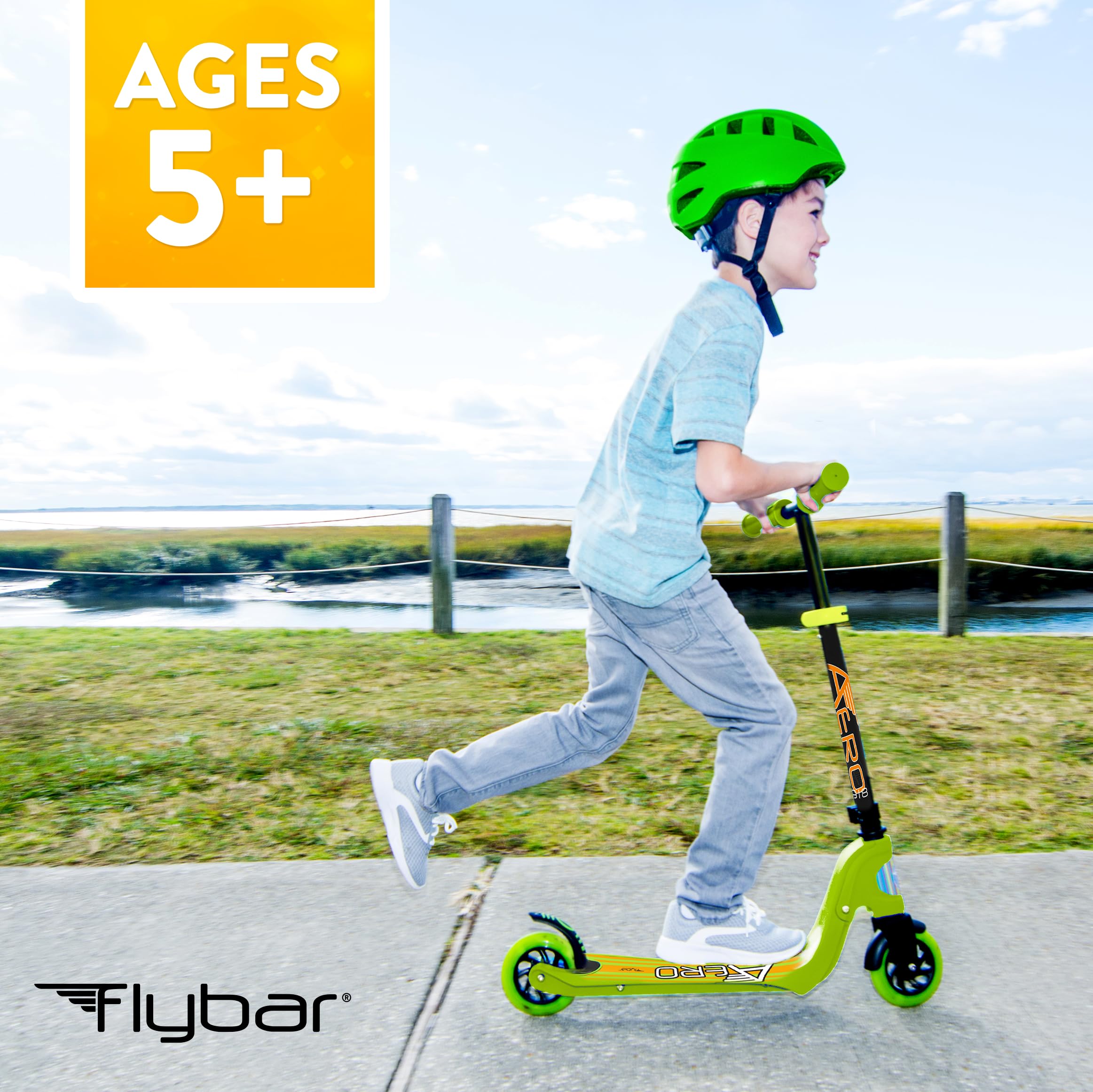 Flybar Aero Kids Scooter - Adjustable 2 Wheel Kick Scooter with Rear Brake & Foldable Design | Durable Outdoor Scooter for Boys & Girls Ages 5+ | Perfect for Park Rides, Neighborhood Commuting & School Playground Fun
