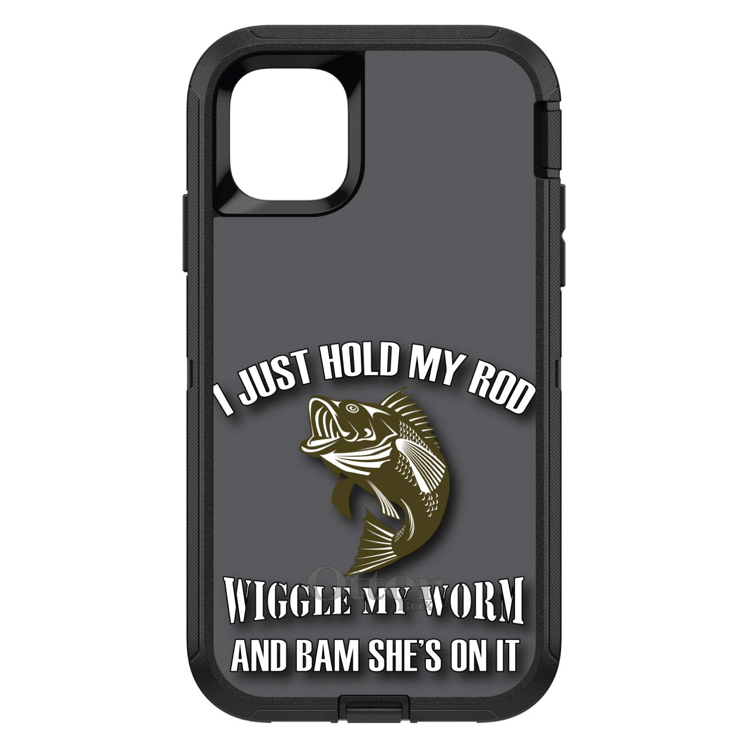 DistinctInk iPhone 12 Pro MAX Case (6.7 Inch) - Heavy Duty Protective Phone Cover with Shockproof Design - Replacement for OtterBox Defender Series - Custom Black Fishing Themed Case with Wiggle My Worm Design - Perfect for Outdoor Adventures, Fishing Trips and Daily Protection