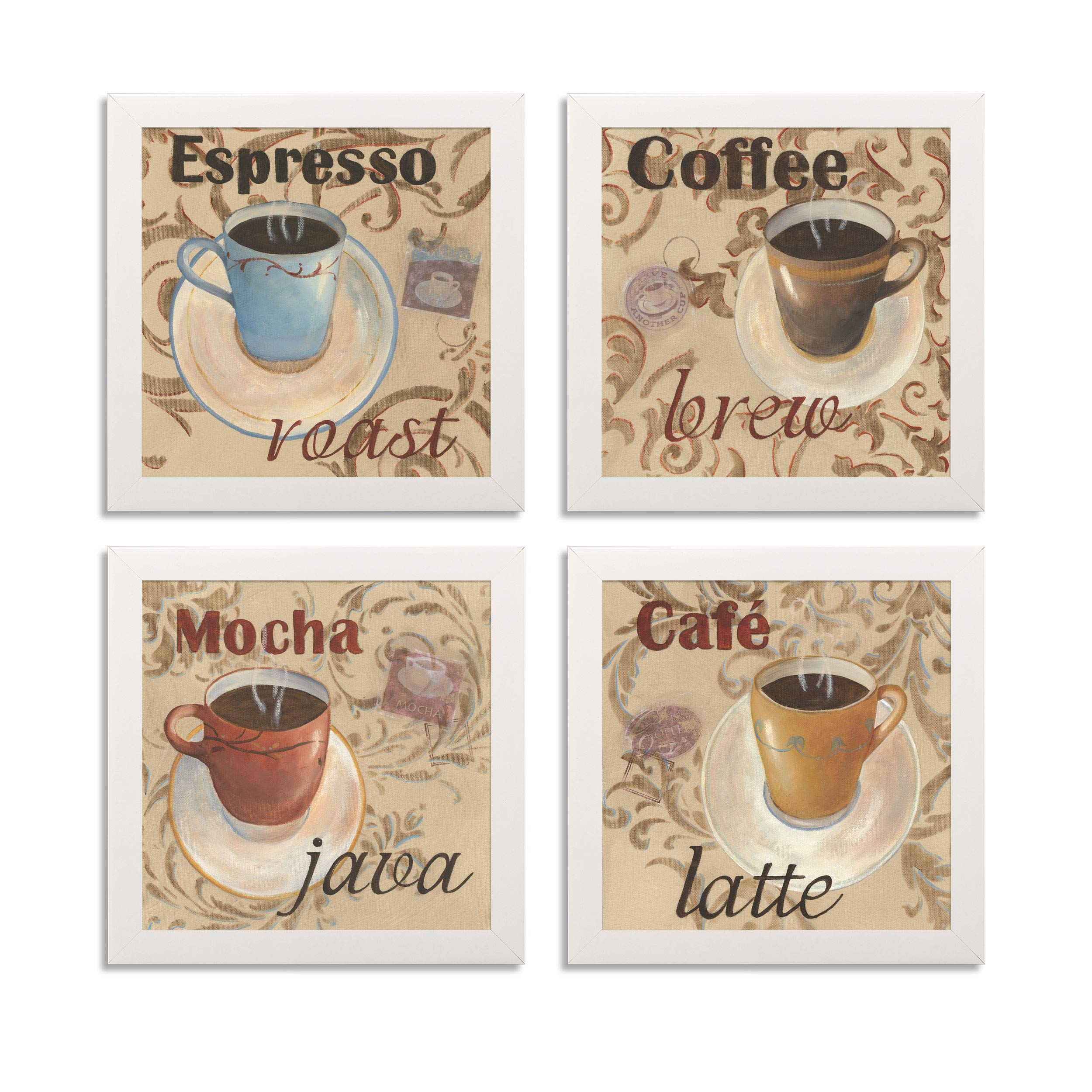 Classic Latte Espresso Mocha Coffee Art Prints - Set of 4 Black Framed 12x12 Inch Wall Decor for Kitchen, Cafe & Office - Ready to Hang Coffee Themed Home Decor