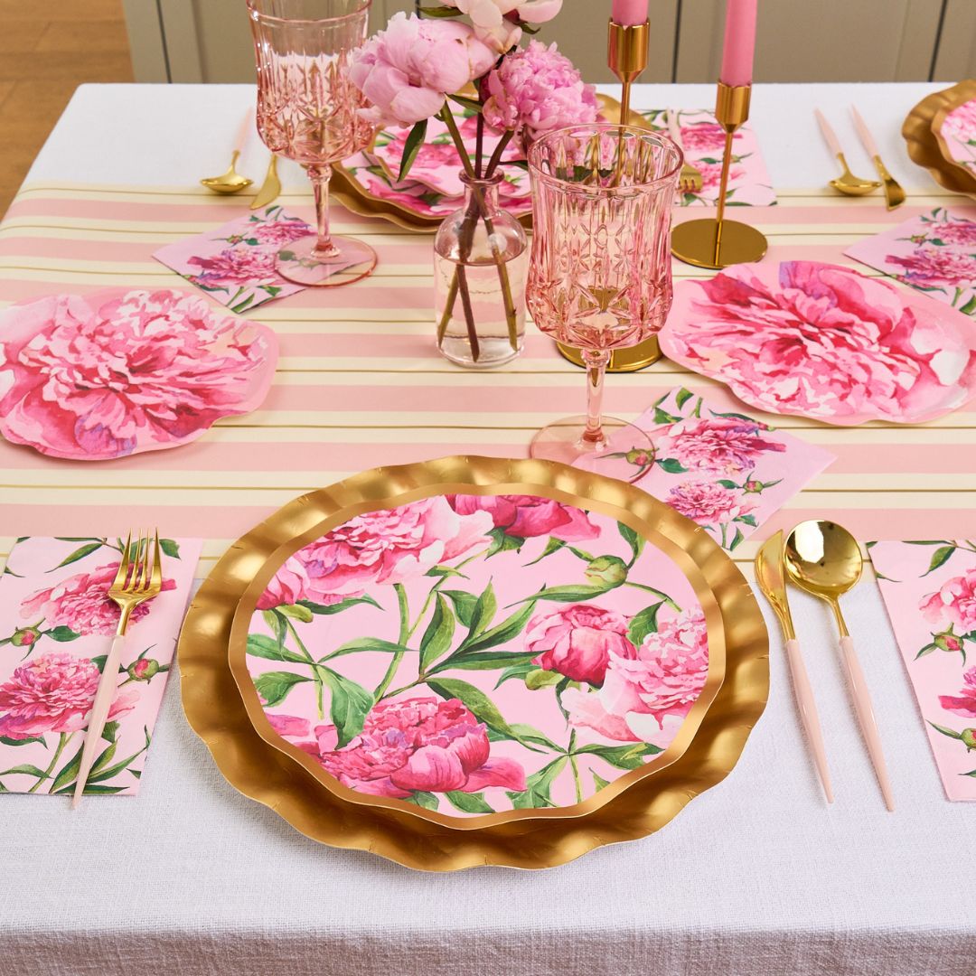 Wavy Dinner Plate Set - Pink Peonies Design - 8 Piece Pack - Perfect for Elegant Dining, Wedding Receptions & Home Decor