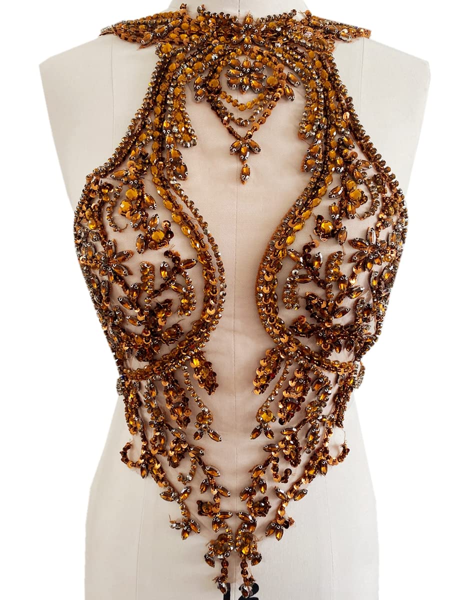 Handmade Rhinestone Lace Applique Beaded Trim Patches - Elegant Dress Front Embellishment for Evening Gowns, Wedding Dresses & DIY Costume Accessories (Brown)