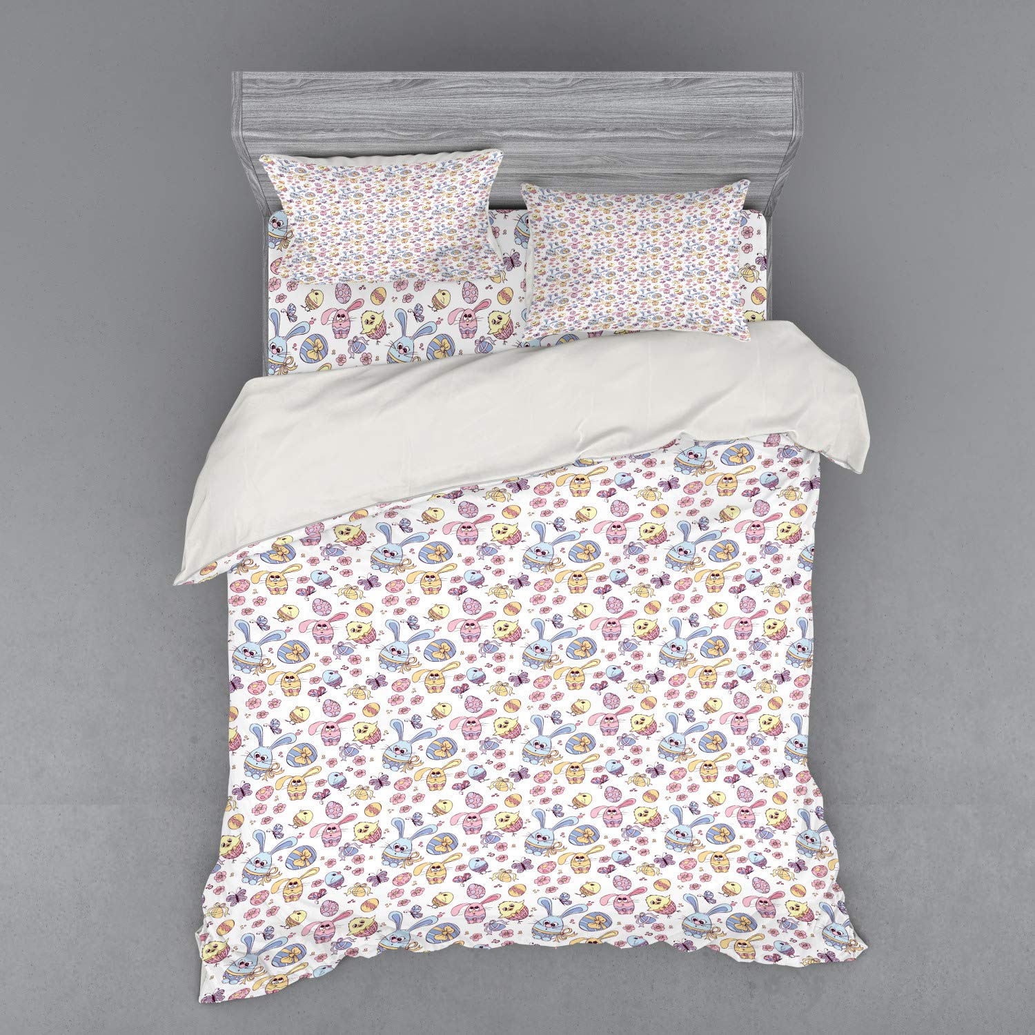 Ambesonne Easter Bedding Set 3-Piece - Funny Bunny & Chicken Print with Flowers & Butterflies - Queen Size Duvet Cover Set with Sham & Fitted Sheet - Colorful Spring Home Decor for Bedroom, Guest Room & Easter Gift