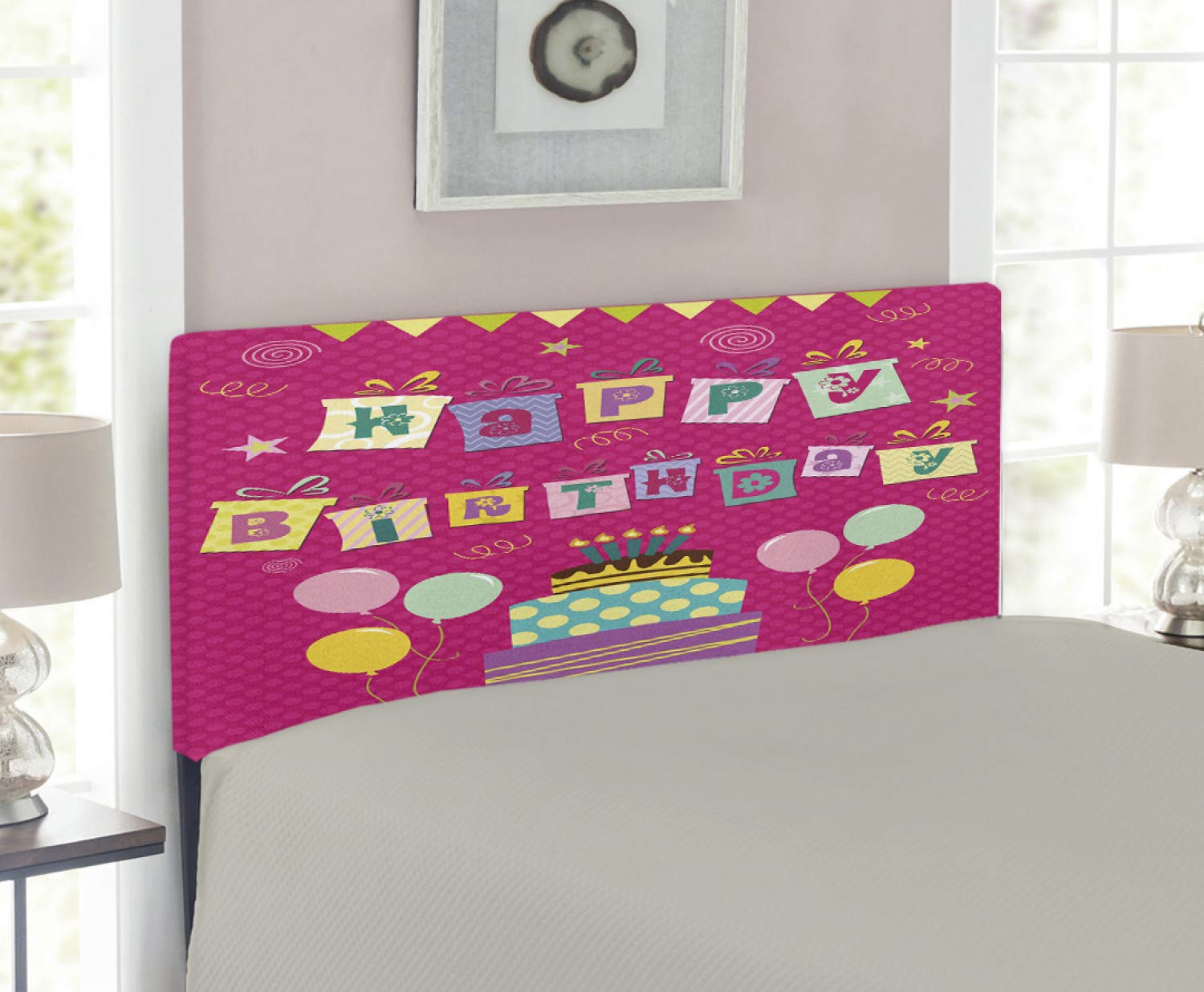 Ambesonne Twin Size Upholstered Metal Bed Headboard with Memory Foam - Colorful Birthday Party Design Featuring Present Boxes, Balloons & Cake Graphics in Dark Coral Multicolor - Perfect for Kids' Bedrooms, Dorm Rooms & Birthday Decorations