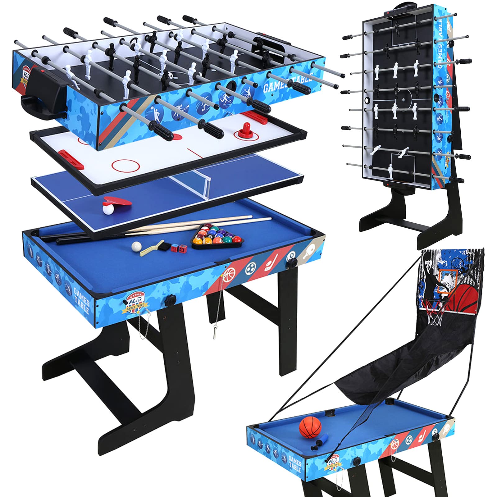 5-in-1 Multi Game Table Set - Portable Folding Foosball, Ping Pong, Pool Billiards, Air Hockey & Basketball Combo with Accessories - Perfect for Family Game Nights, Parties & Indoor Recreation