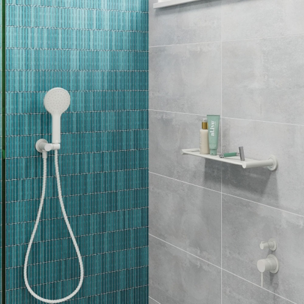 Fienza 82807MW Kaya Shower Shelf - Matte White Bathroom Organizer for Shampoo, Soap & Toiletries | Rustproof Wall-Mounted Storage for Showers & Bathrooms