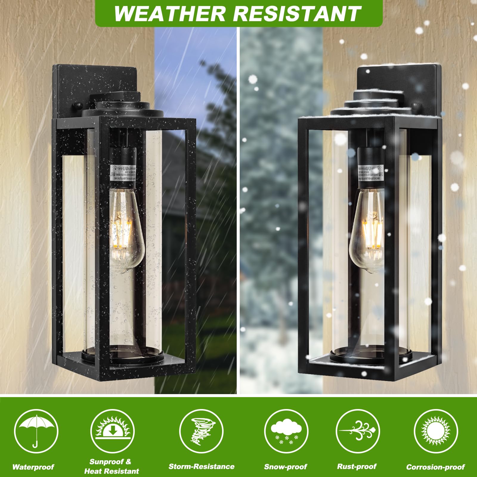 16 Inch Large Outdoor Wall Lights - 2 Pack Modern Black Exterior Light Fixtures with Clear Glass Shade, Waterproof Porch Lighting for House, Farmhouse, Garage & Front Door - Perfect for Patio, Garden & Entryway Lighting