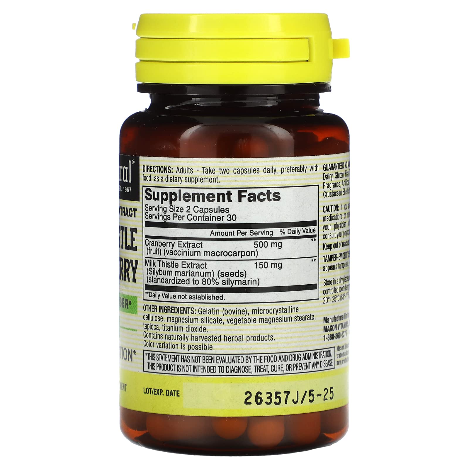 Mason Vitamins Milk Thistle & Cranberry Liver and Kidney Support Capsules - 60 Count - Natural Detox & Cleansing Supplement for Liver Health & Urinary Tract Support - Perfect for Daily Wellness Routine & Post-Holiday Detox